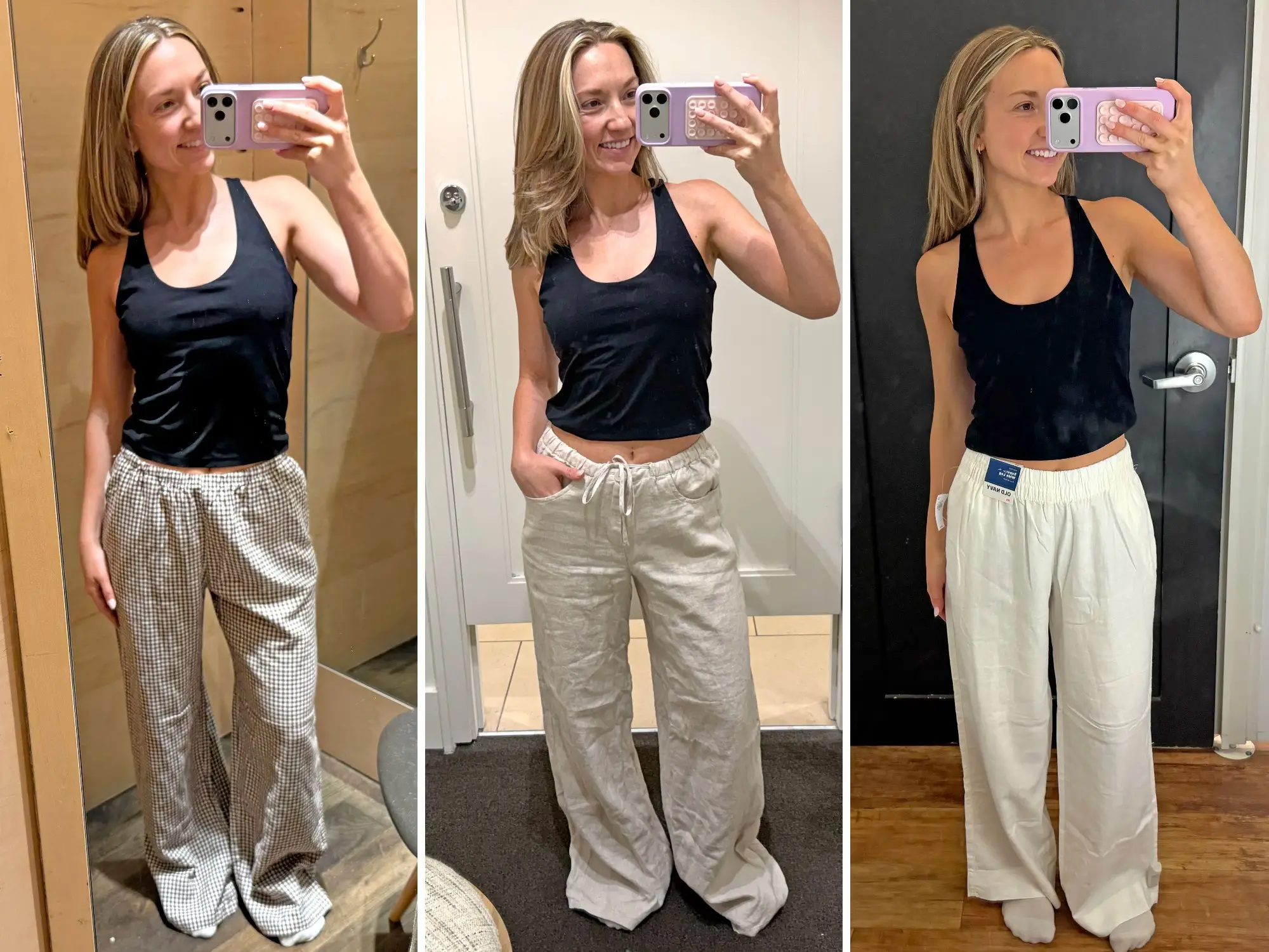A composite image of Chloe wearing three different pairs of linen pants.