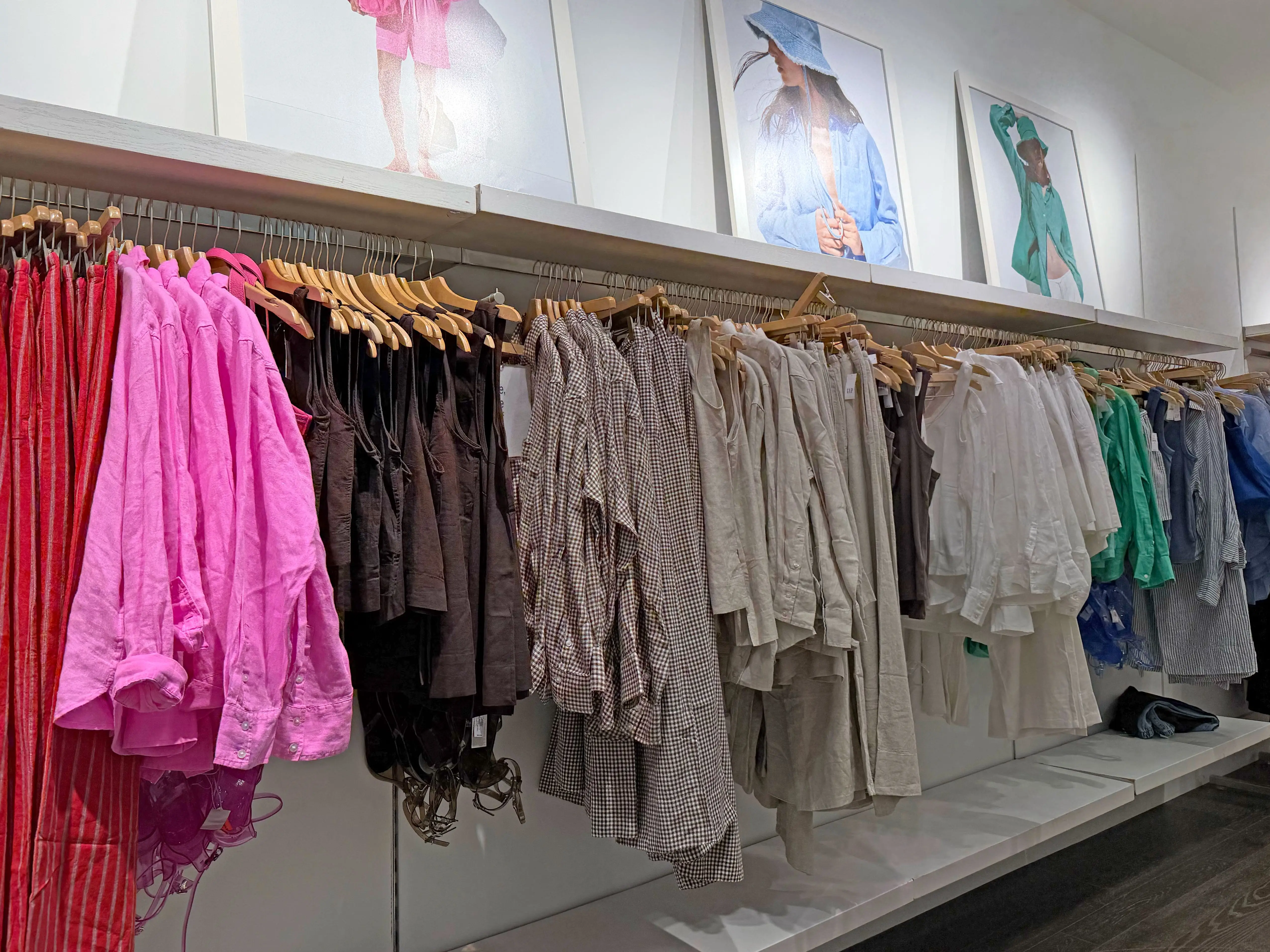 A wall of different linen-blend clothes at Gap.