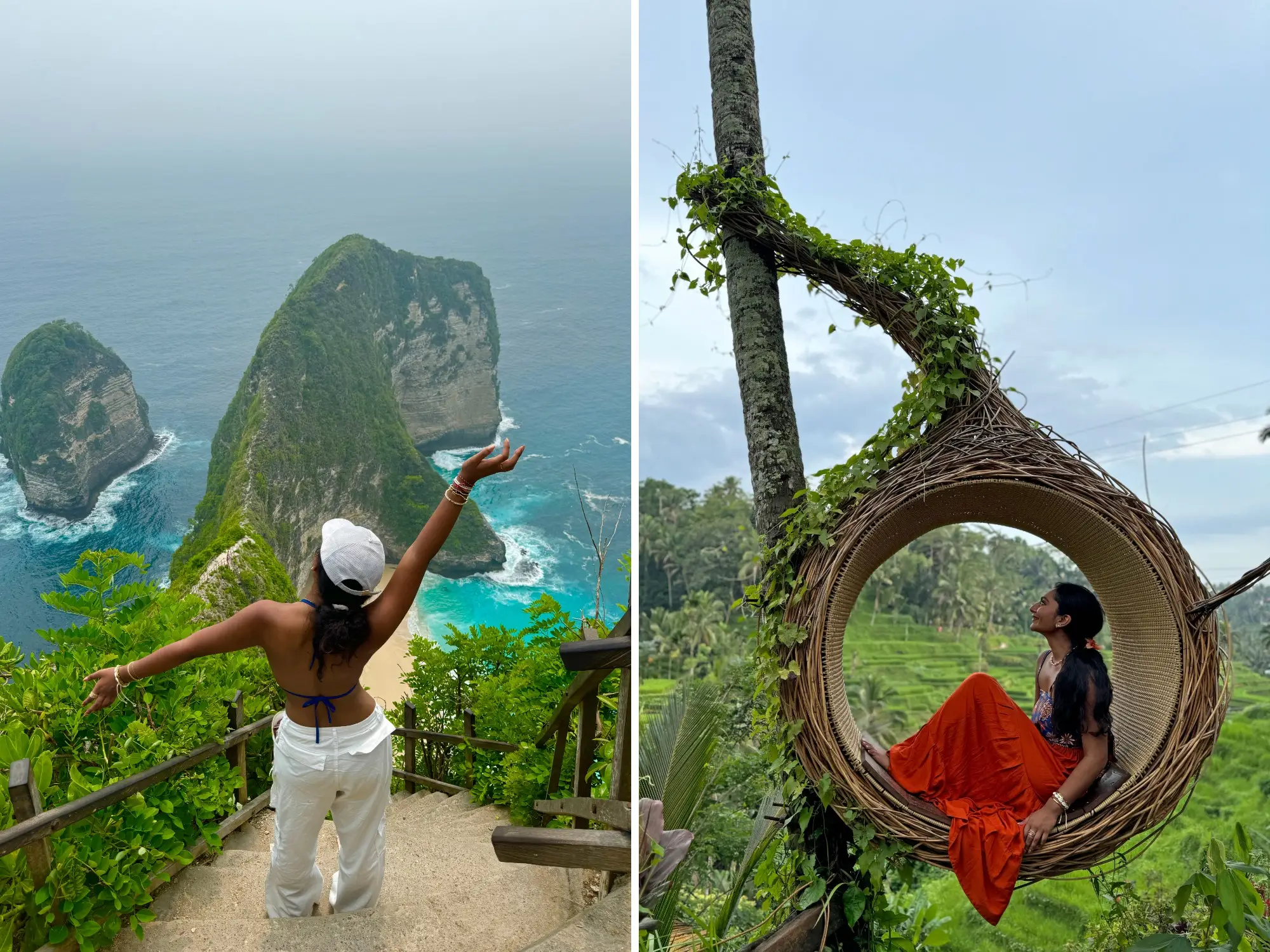 A side-by-side image of the writer standing on a cliff in Nusa Penida, Indonesia, and sitting in a circular wicker chair in Bali.
