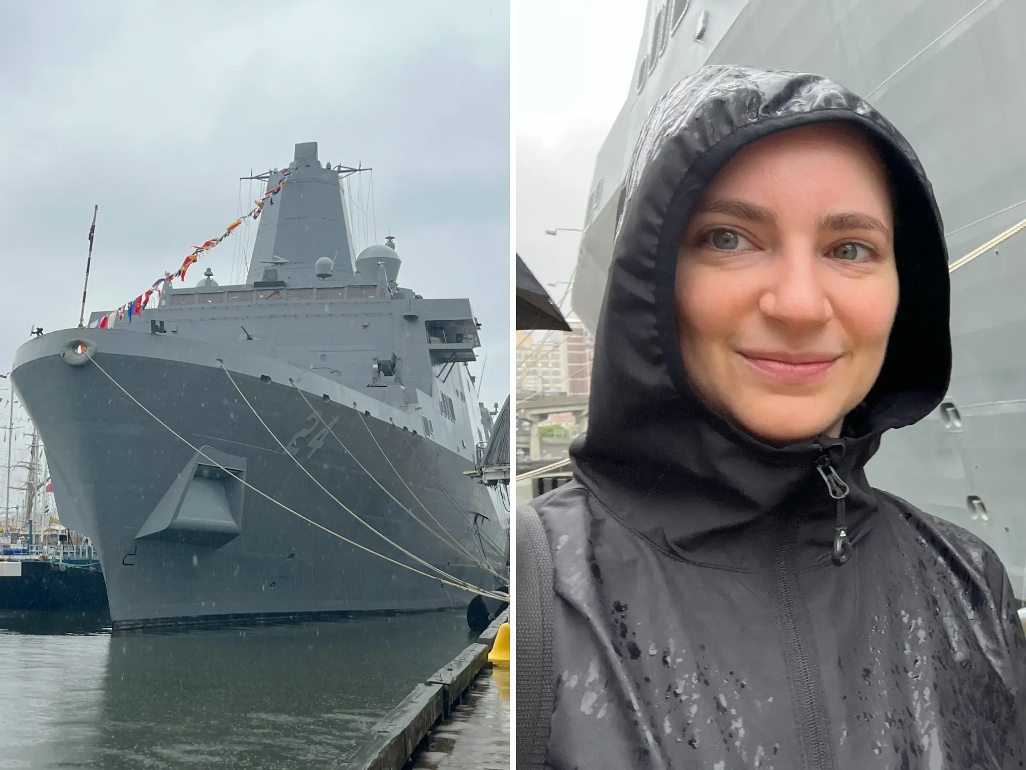 A split image showing the USS Arlington and Talia Lakritz.