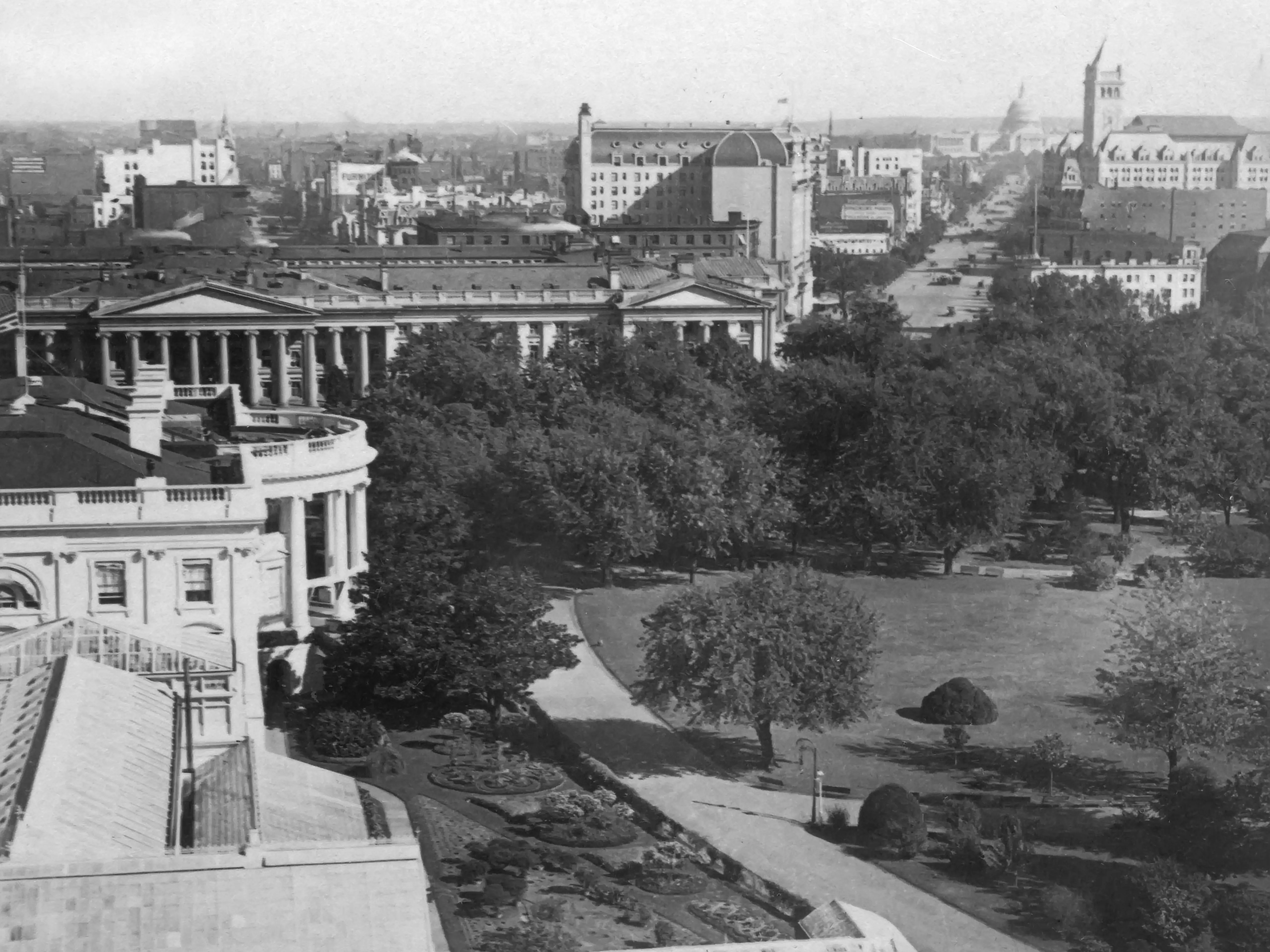 Historic image in black and white of the White House in Washington DC, USA; Washington, District of Columbia, United States of America.