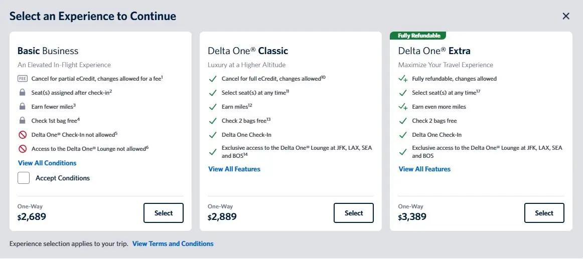 The example fares of Delta business class tiers.