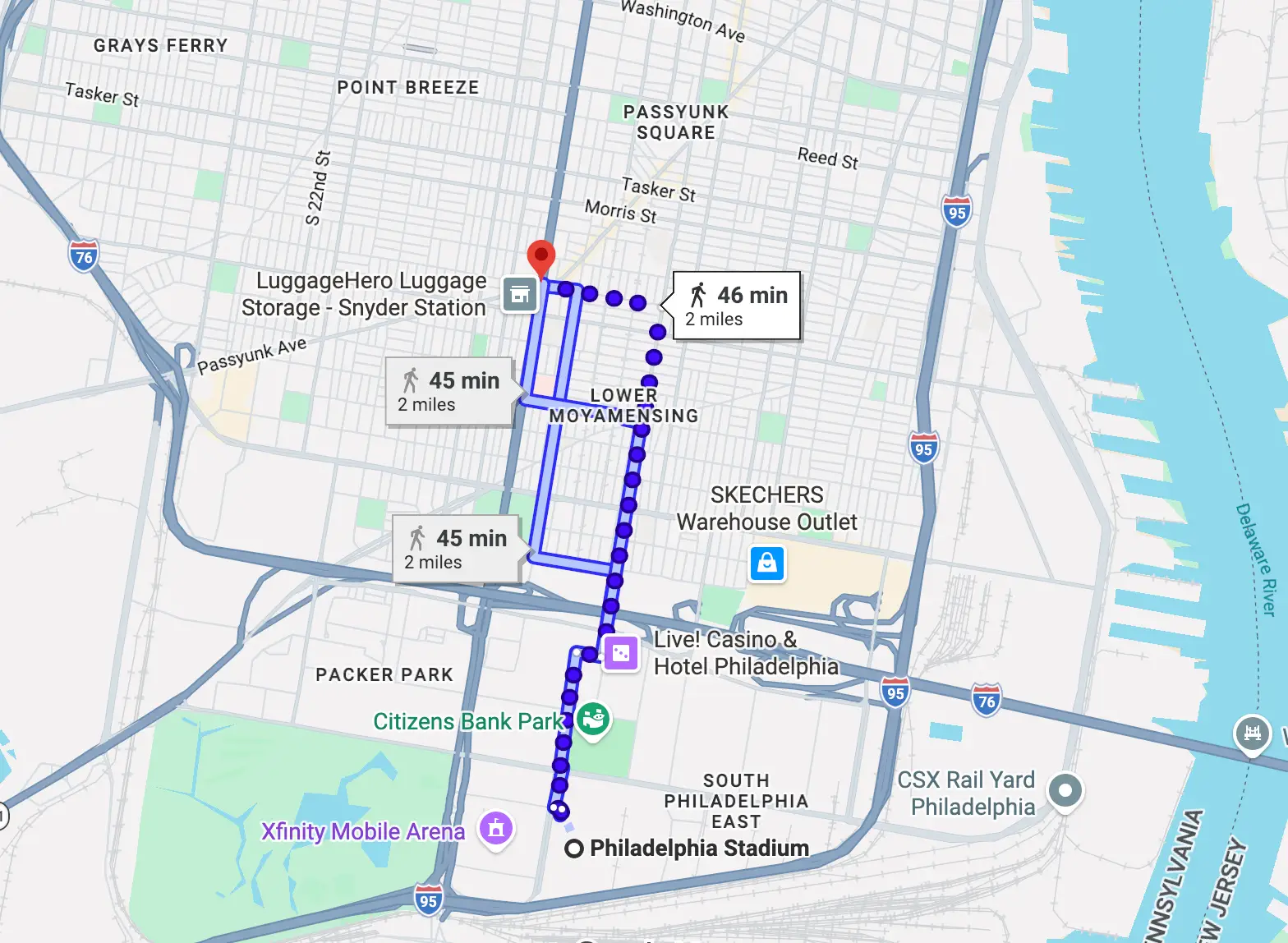 A map shows the walking distance between Philadelphia Stadium and East Passyunk, a neighborhood teeming with businesses in South Philadelphia.