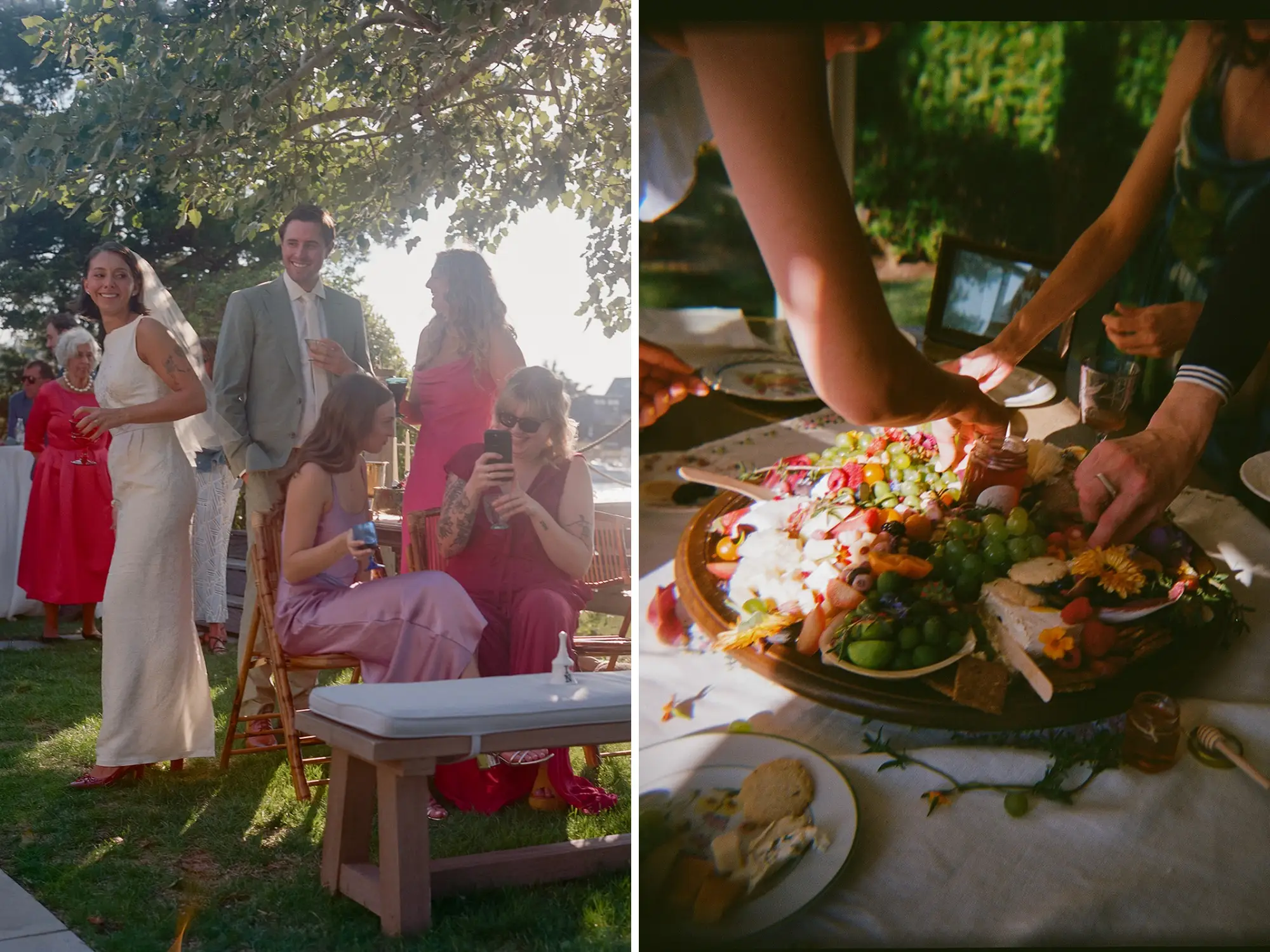 A composite of a photo of a bride and groom laughing with their wedding guests and people reaching toward a charcuterie board.