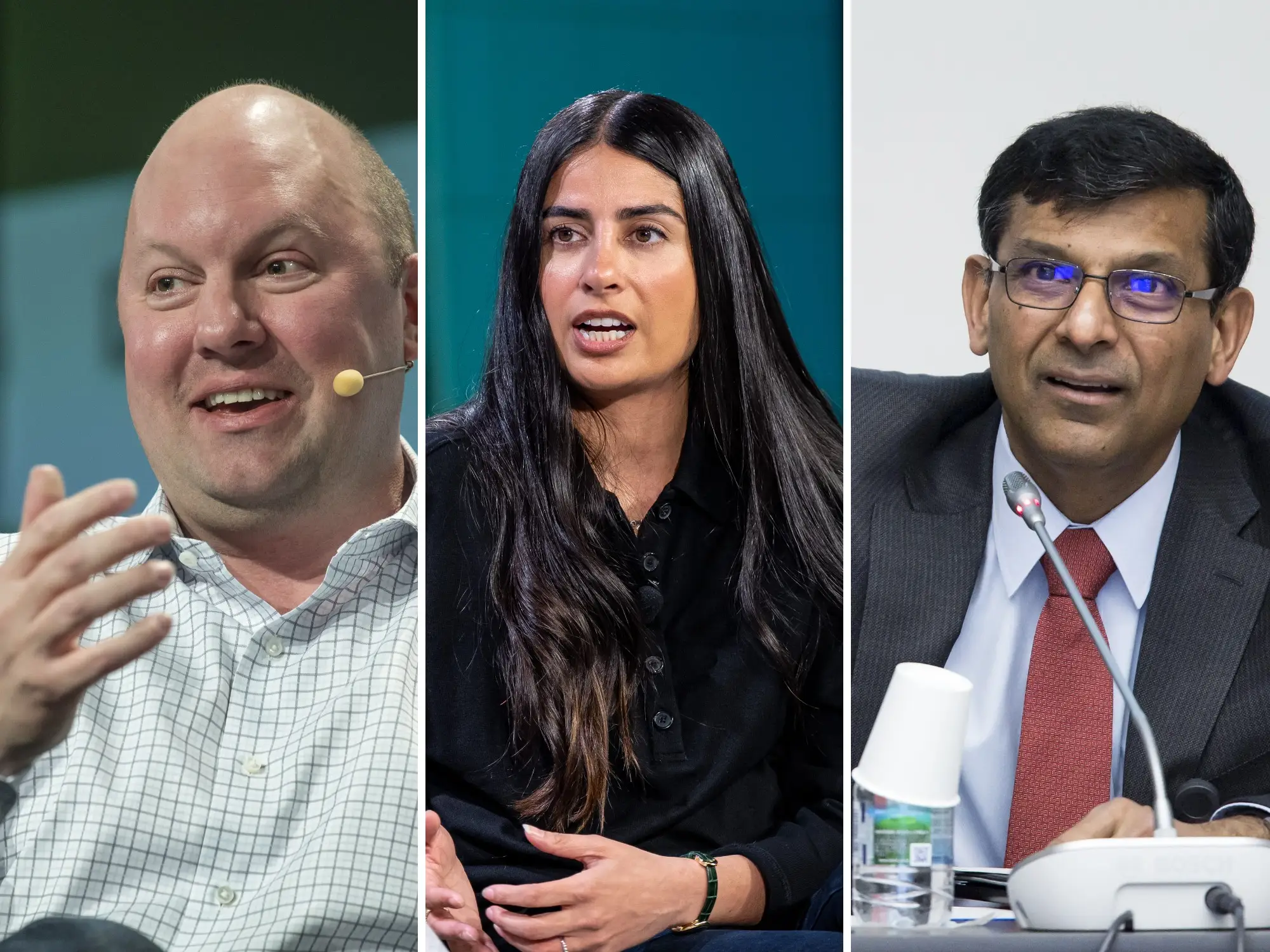 A composite image of Marc Andreesen, Asha Sharma, and Raghuram Rajan.