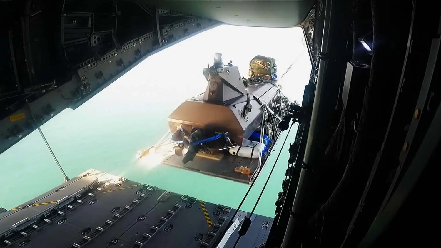 A Kraken K3 Scout exits an Airbus A400 cargo hold.