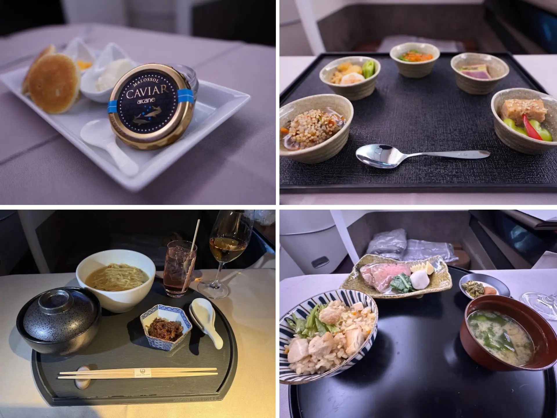 A collage of the meals on JAL, including caviar.