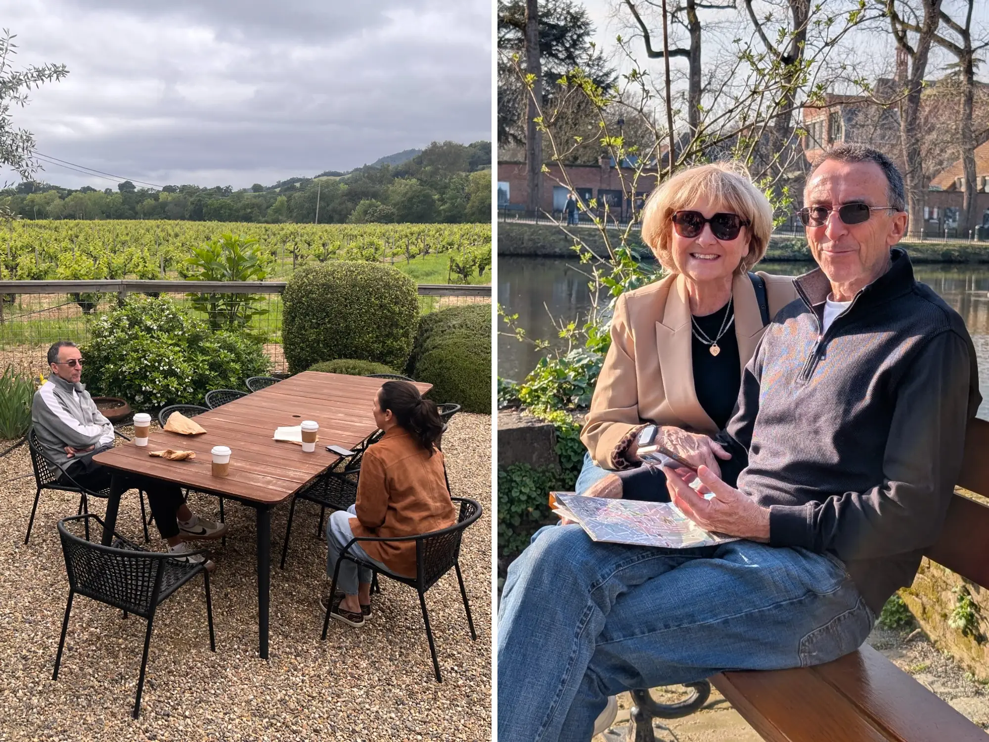 composite image: on the left, the author is having coffee with her father at a table outside. on the right, the author's parents are sitting at a bench together