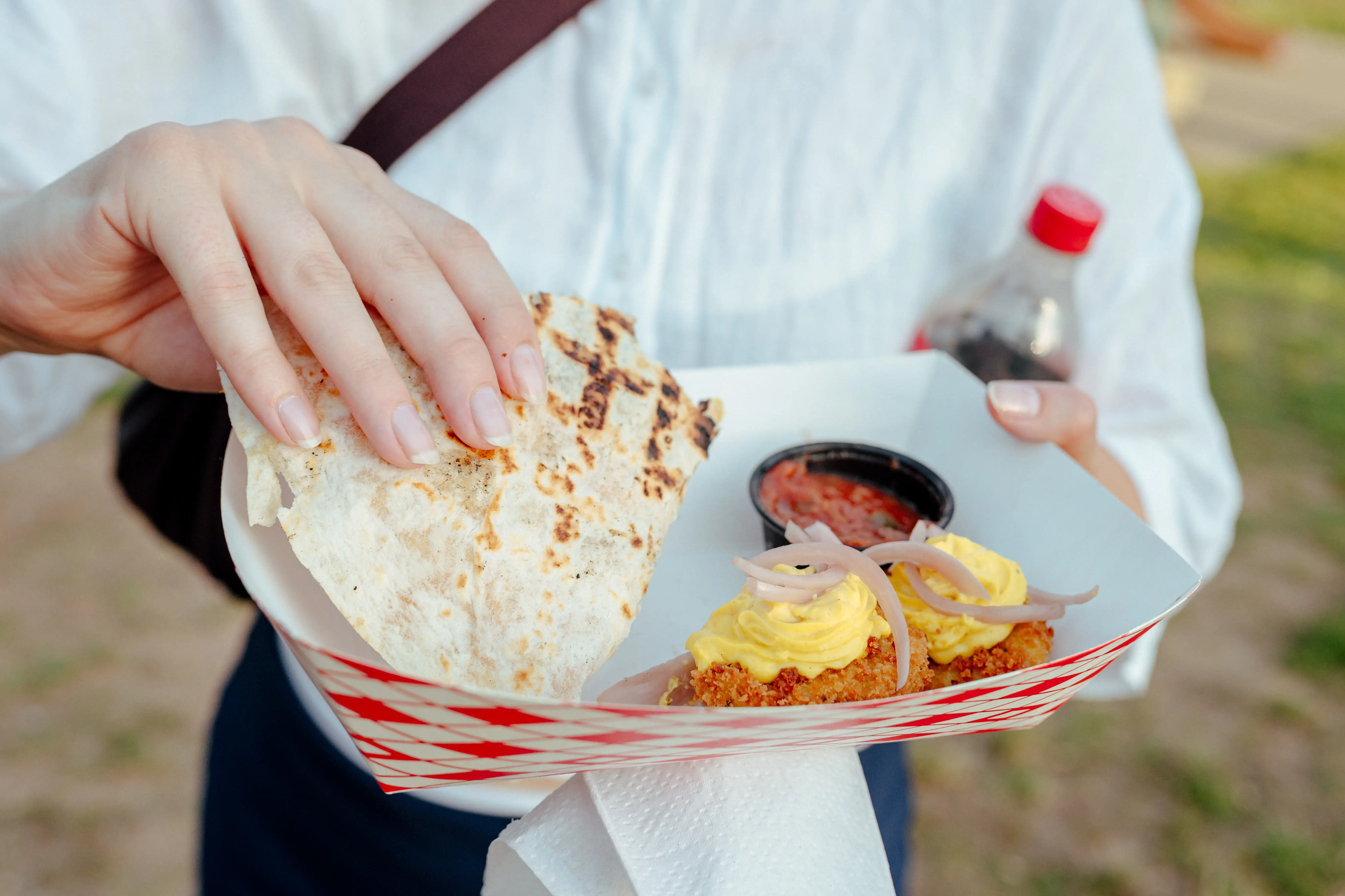A quesadilla and fried deviled eggs