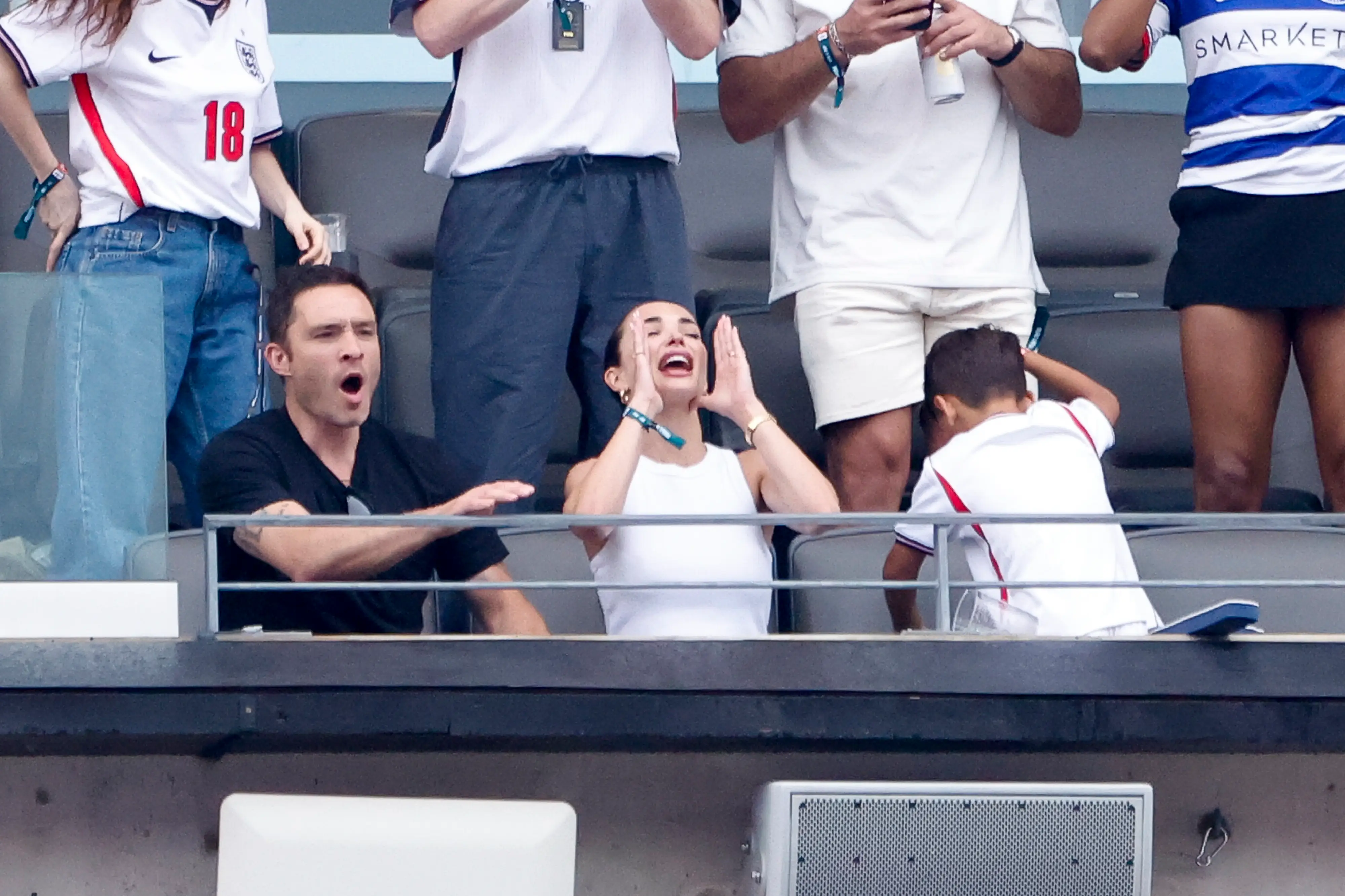 Ed Westwick and his wife Amy Jackson Westwick celebrate the goal of England during the FIFA World Cup 2026 Group L football match between Panama and England at New York New Jersey Stadium on June 27, 2026 in East Rutherford, NJ, United States.