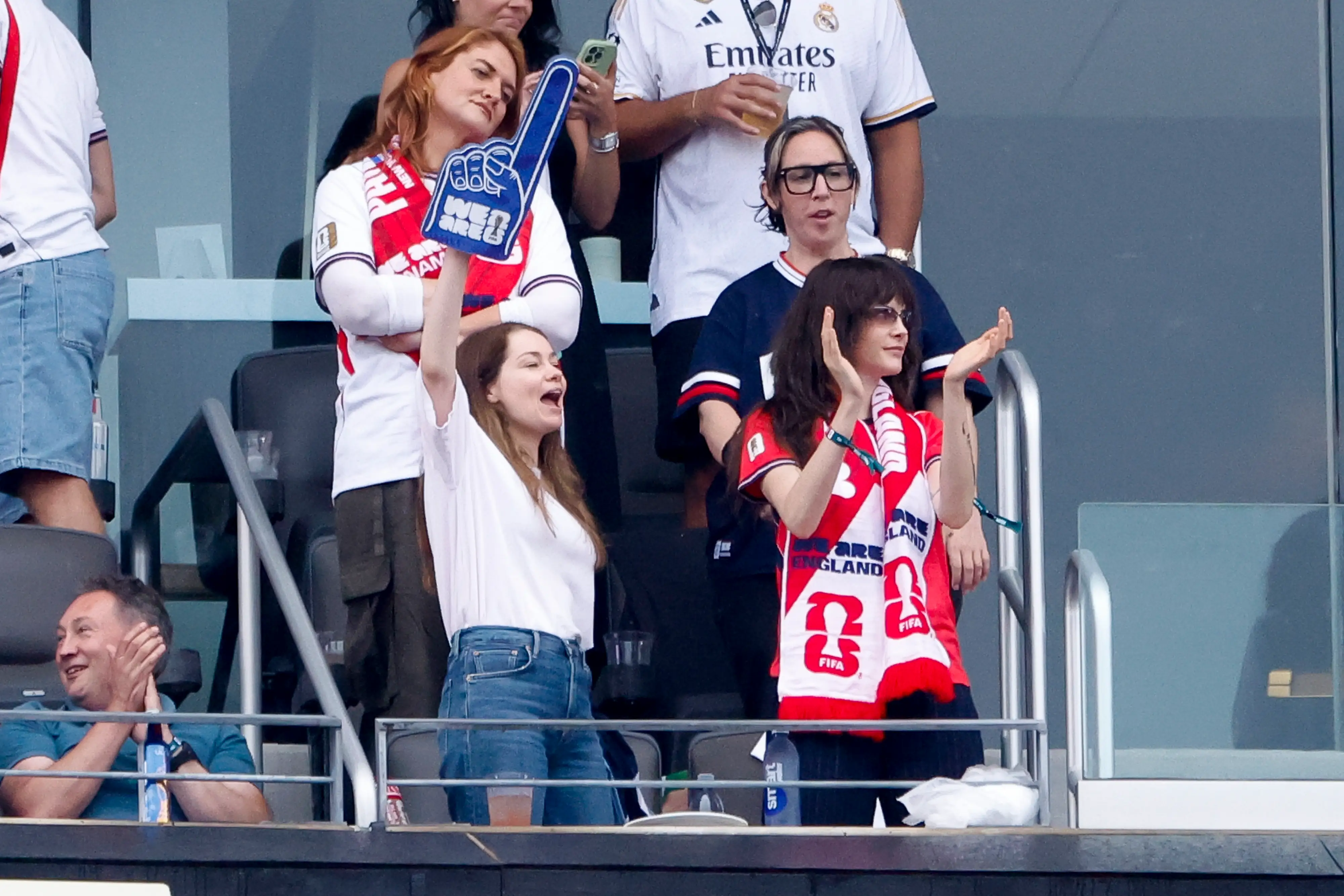 Minke aka Leah Mason and Cara Delevingne (bottom) celebrate the goal of England during the FIFA World Cup 2026 Group L football match between Panama and England at New York New Jersey Stadium on June 27, 2026 in East Rutherford, NJ, United States.