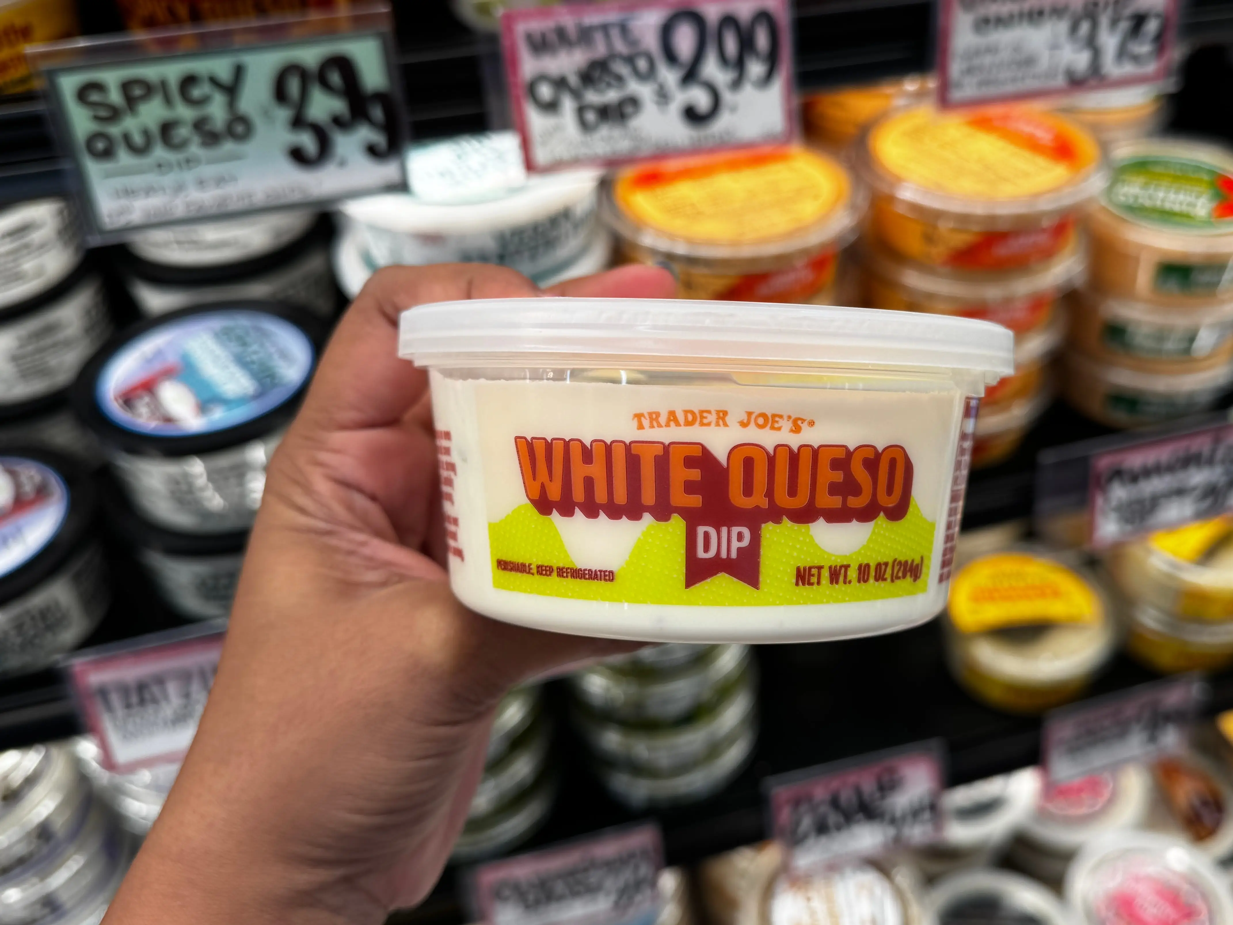 A hand holding a container of Trader Joe's white queso dip.