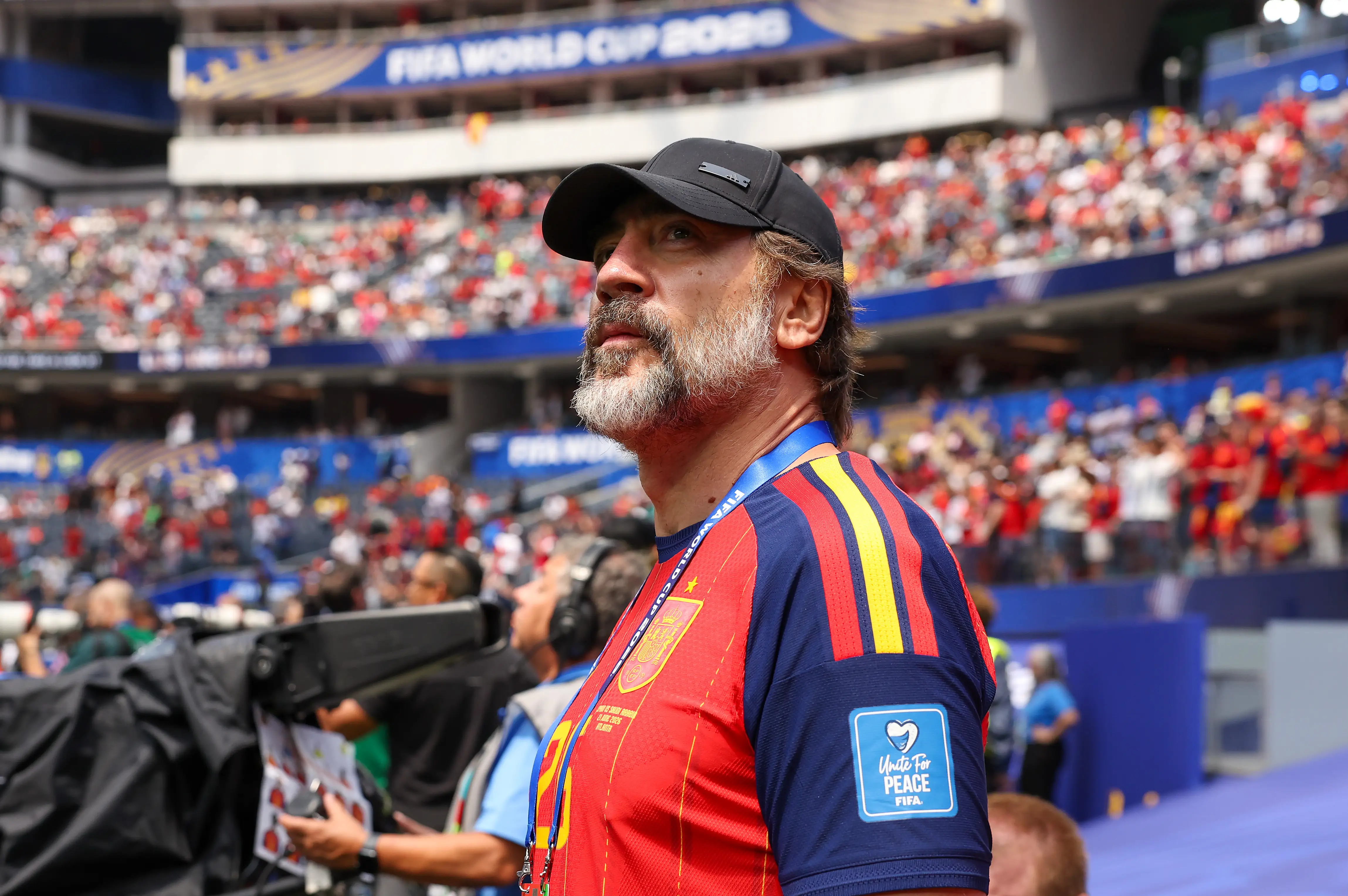 Javier Bardem attends the FIFA World Cup 2026 Quarter Final match between Spain and Belgium at Los Angeles Stadium on July 10, 2026 in Inglewood, California.