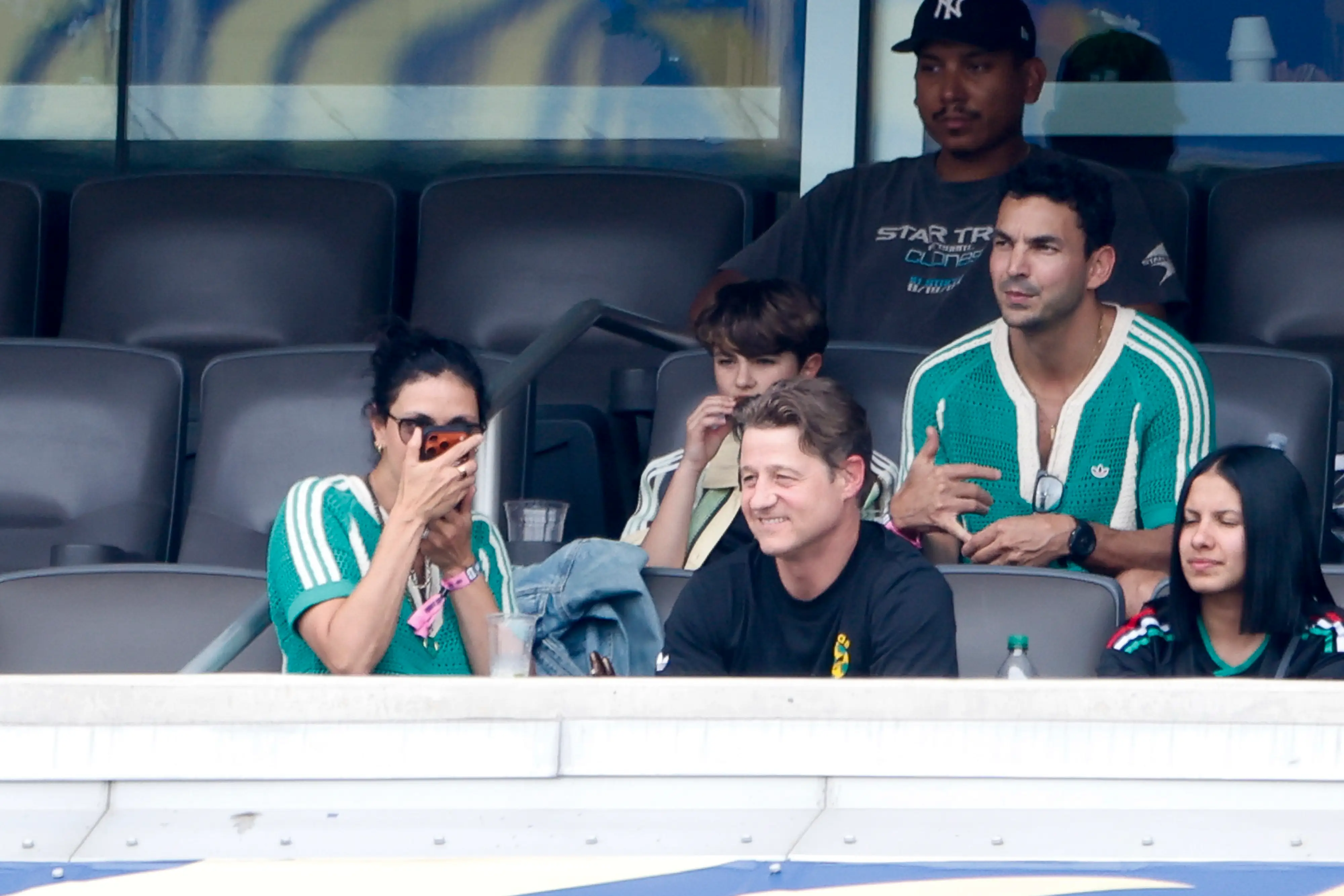 : Morena Baccarin and husband Ben McKenzie attend the FIFA World Cup 2026 Round Of 16 football match between Brazil and Norway at New York New Jersey Stadium on July 5, 2026 in East Rutherford, New Jersey.