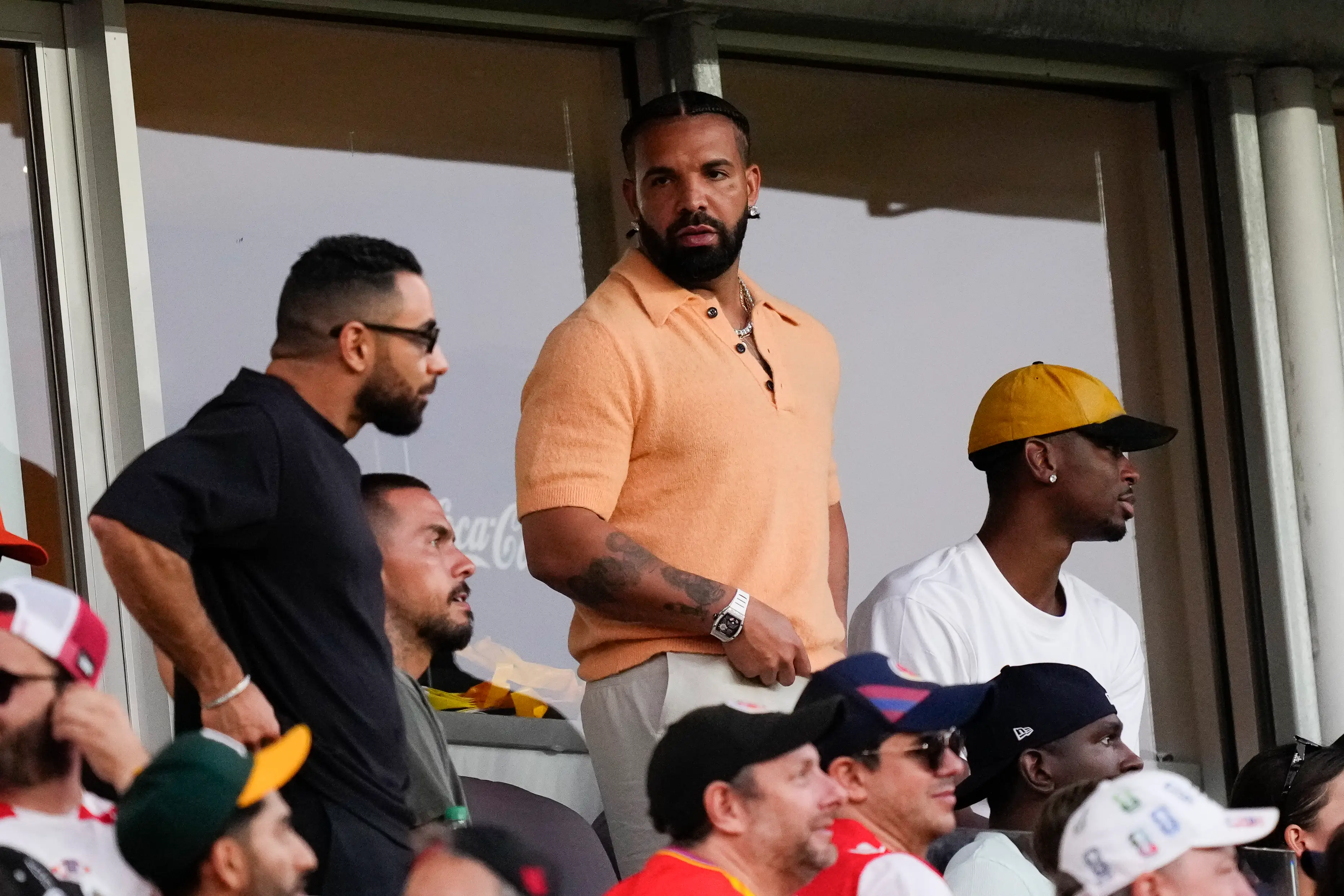 Rapper Drake is seen during the FIFA World Cup 2026 Round Of 32 match between Portugal and Croatia at Toronto Stadium on July 02, 2026 in Toronto, Ontario