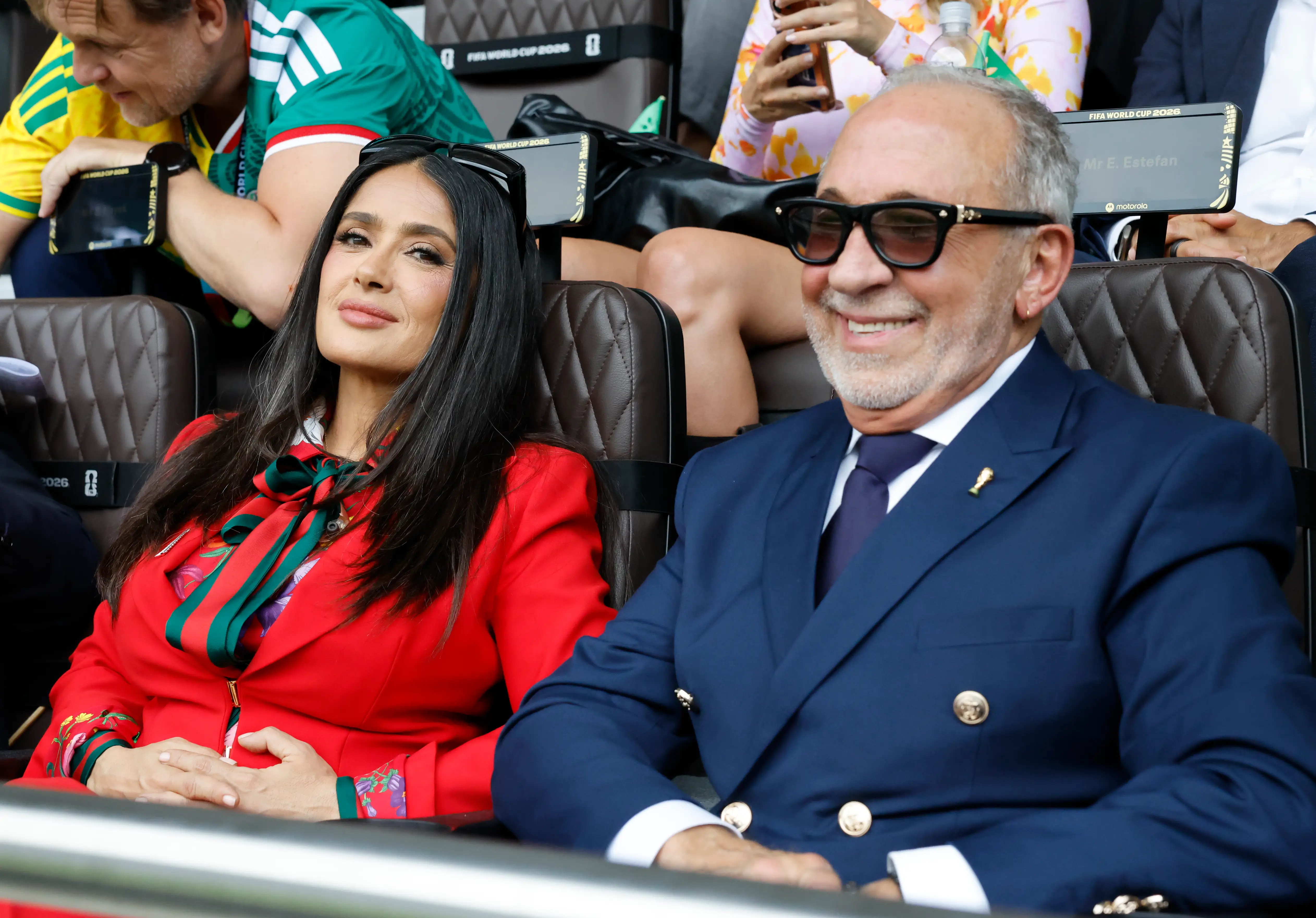 Salma Hayek and Emilio Estefan during the FIFA World Cup 2026 Group A match between Mexico and South Africa at Mexico City Stadium on June 11, 2026 in Mexico City, Mexico.