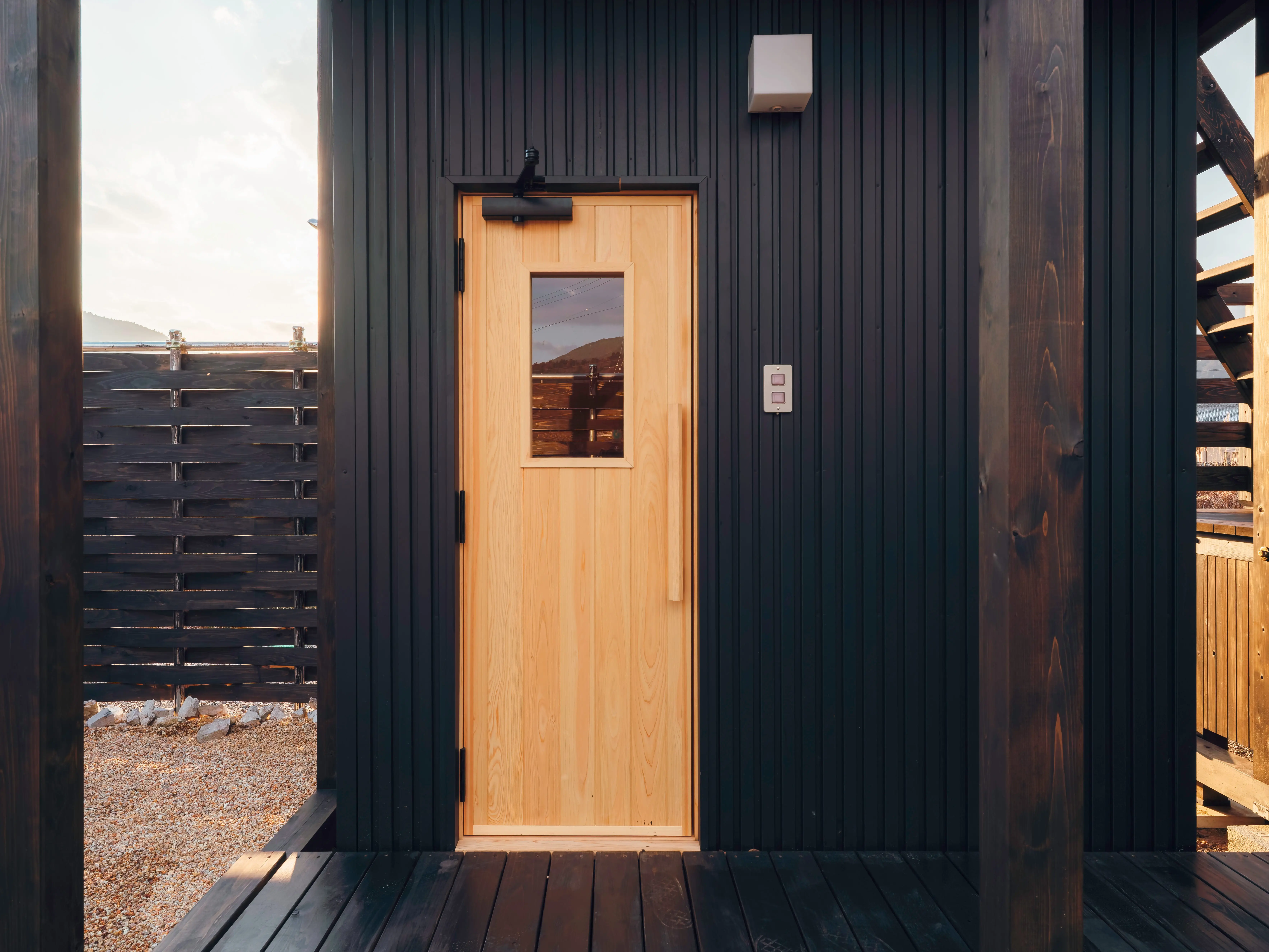 The door of a private sauna in a villa in Japan.