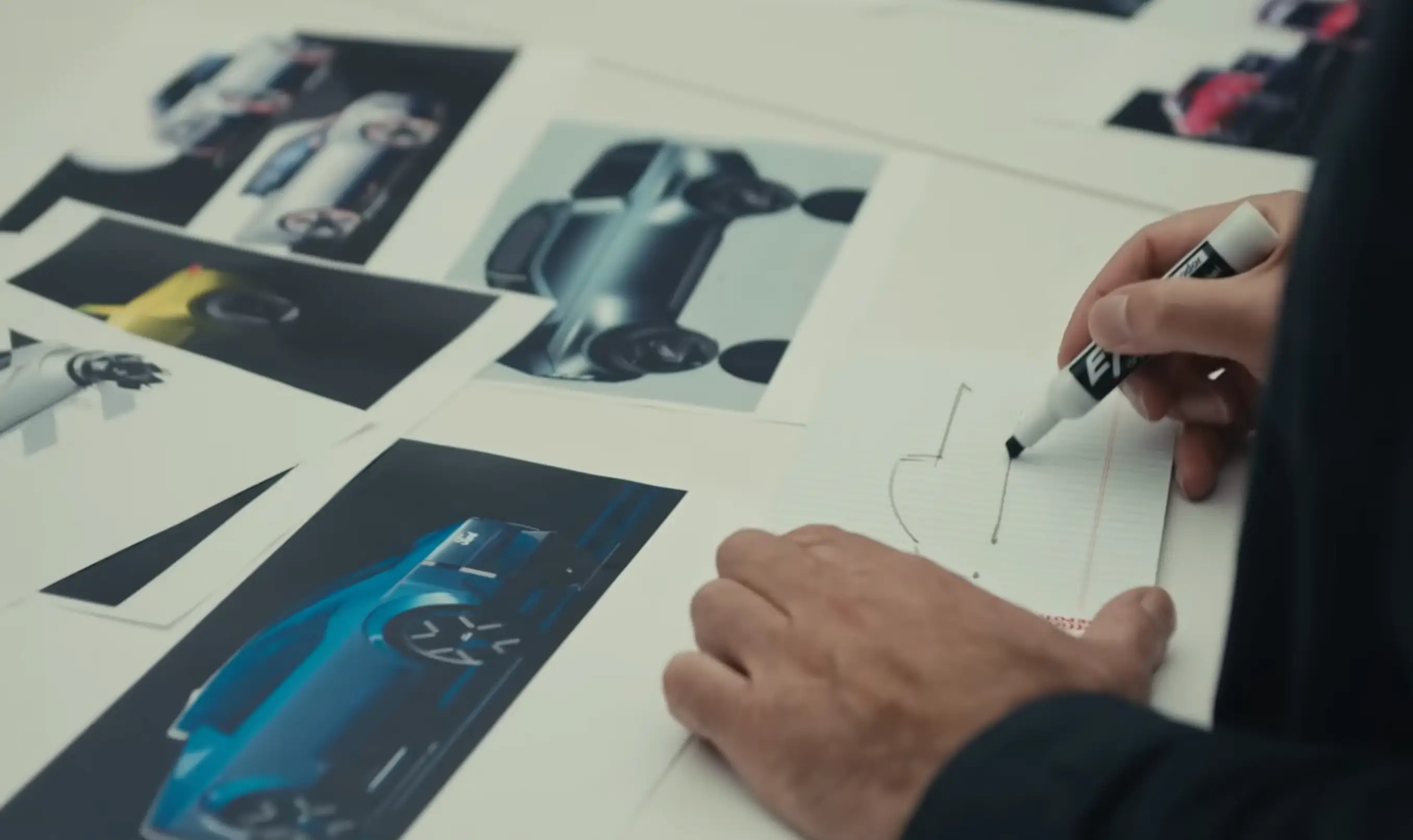 A Ford designer sketches the outline of a pickup truck on a piece of lined paper. There are five other pieces of paper with pre-production concept designs.