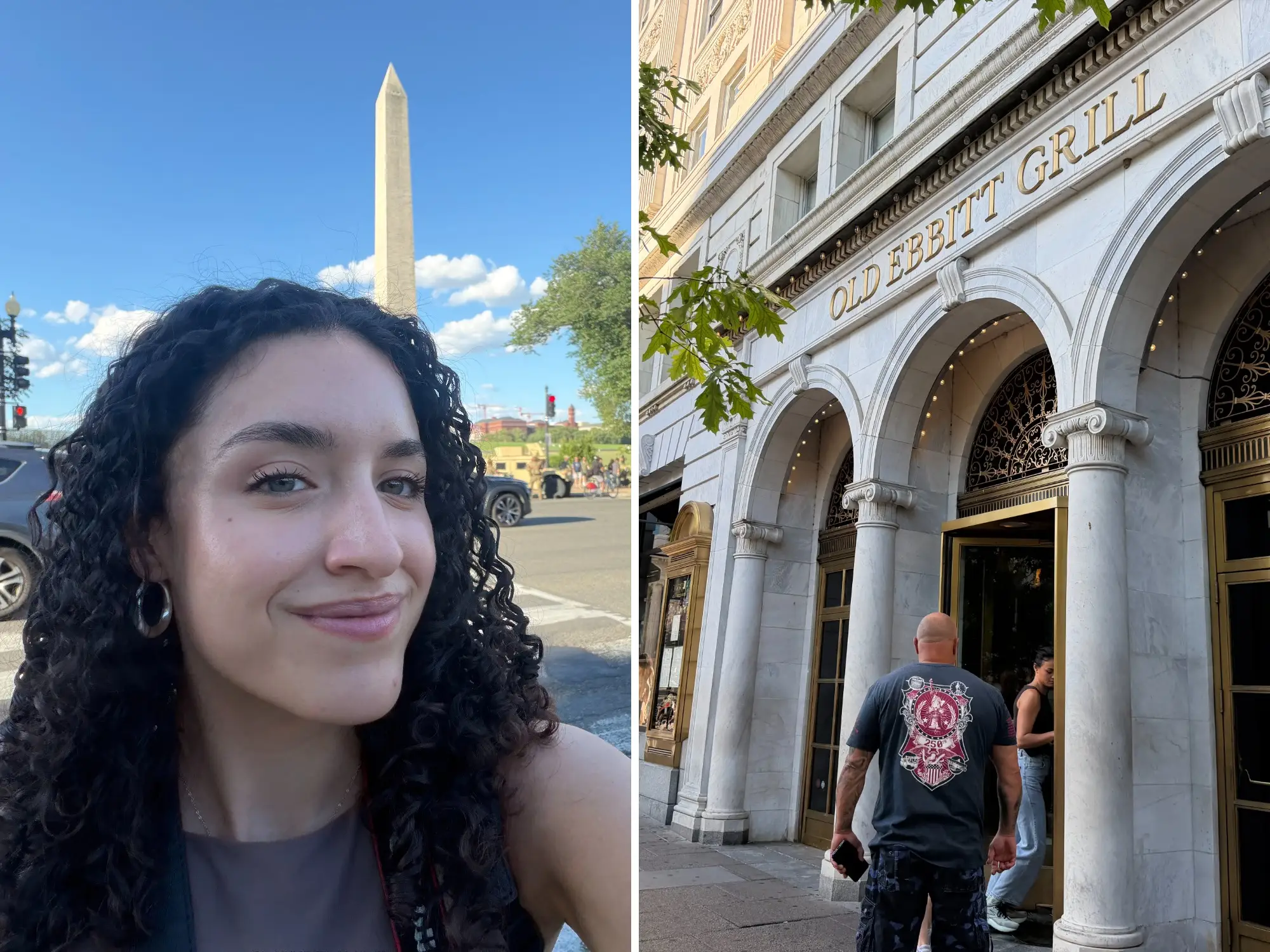 Split image of author selfie and the Old Ebbitt Grill in Washington, DC