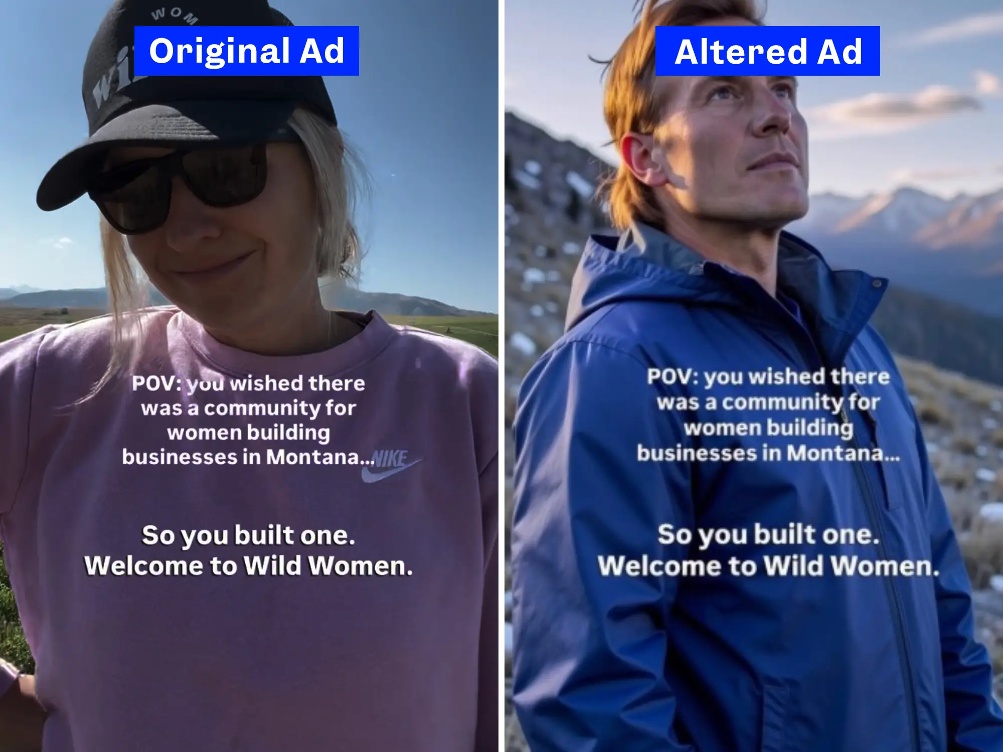 Side-by-side comparison labeled Original Ad and Altered Ad shows different outdoor portraits.