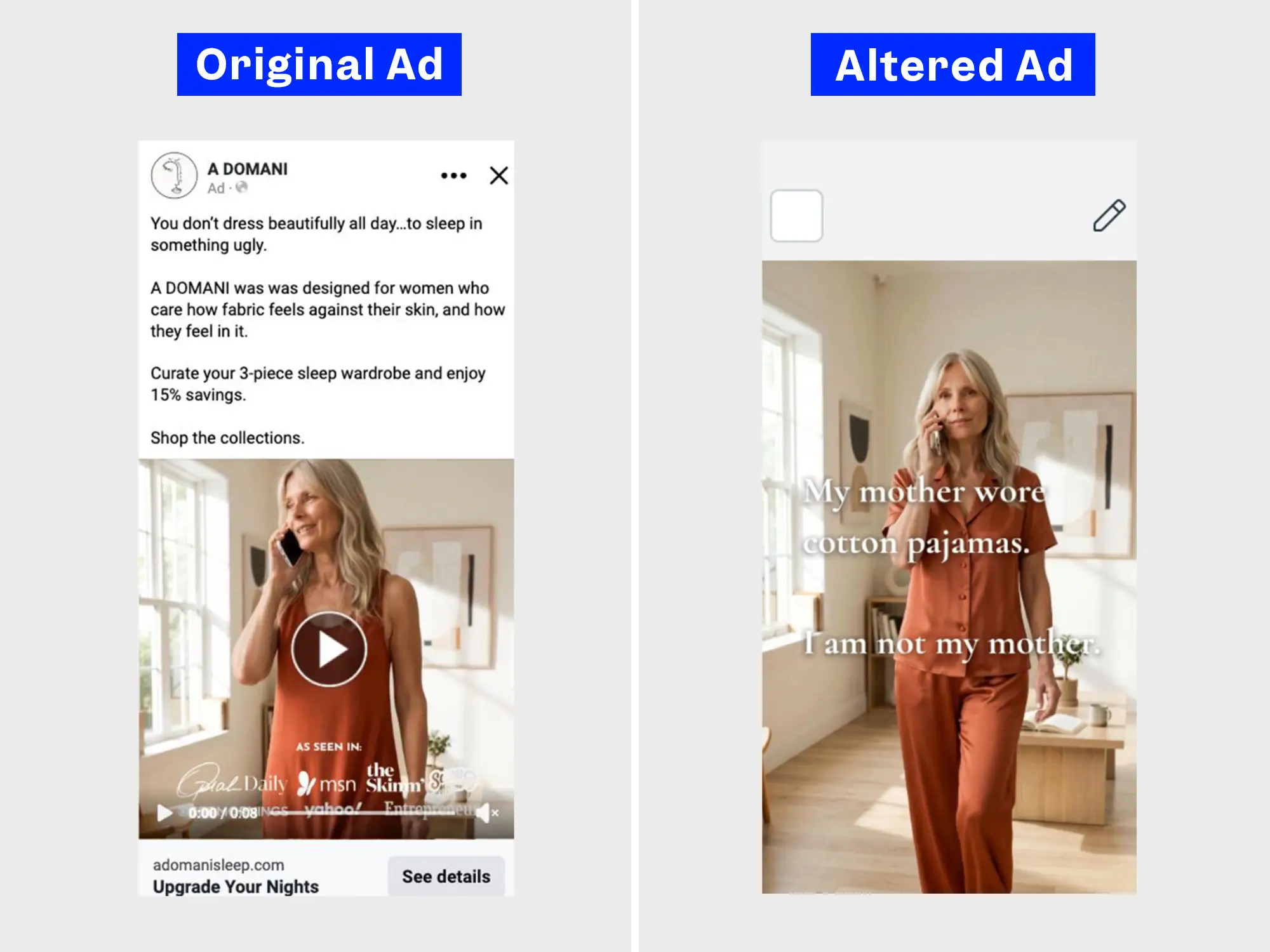 Side-by-side comparison of an Original Ad and Altered Ad featuring A DOMANI sleepwear promotion screenshots.