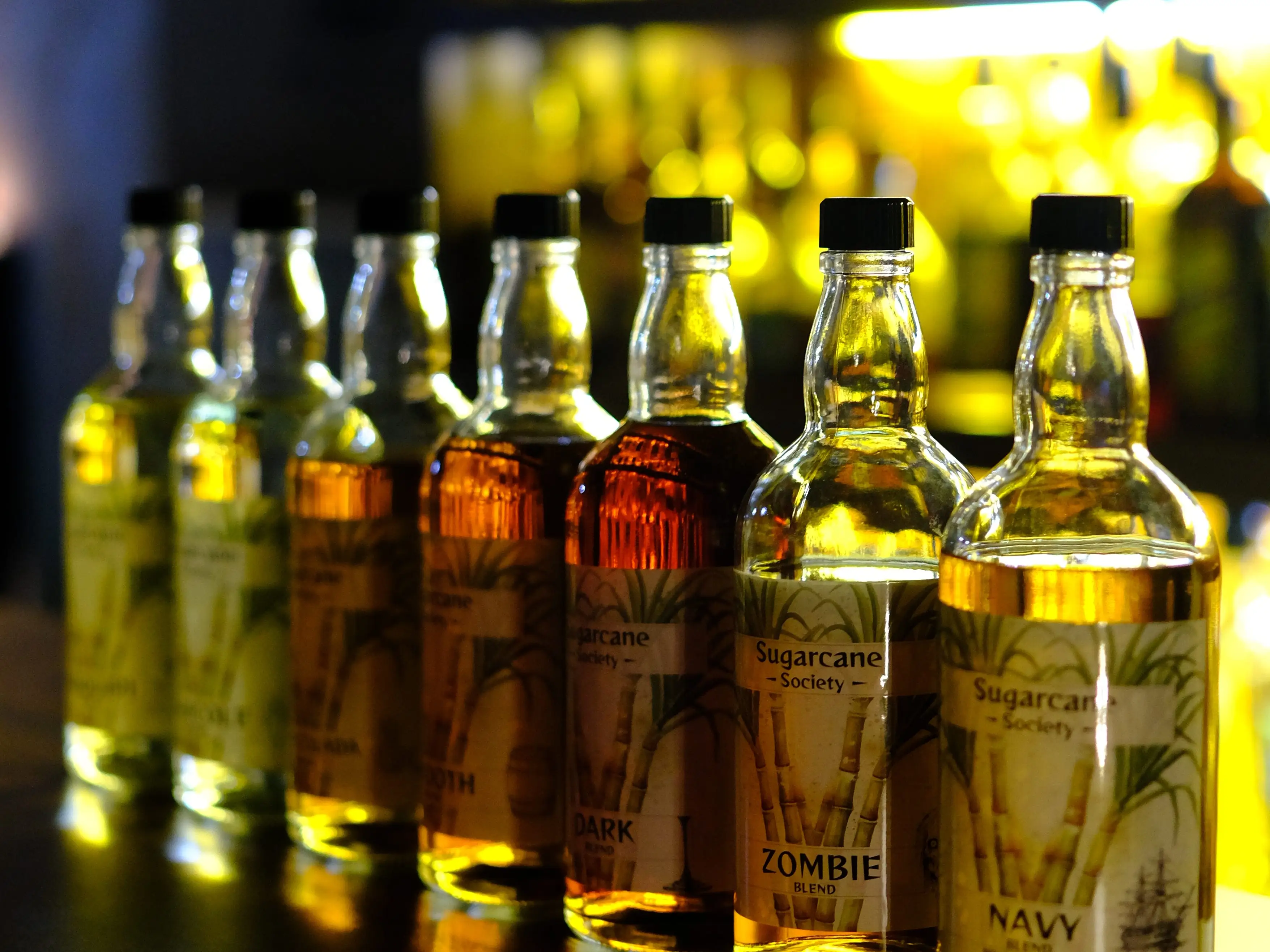 Rum blends on a bar at Sugarcane Society in Chengdu, China.
