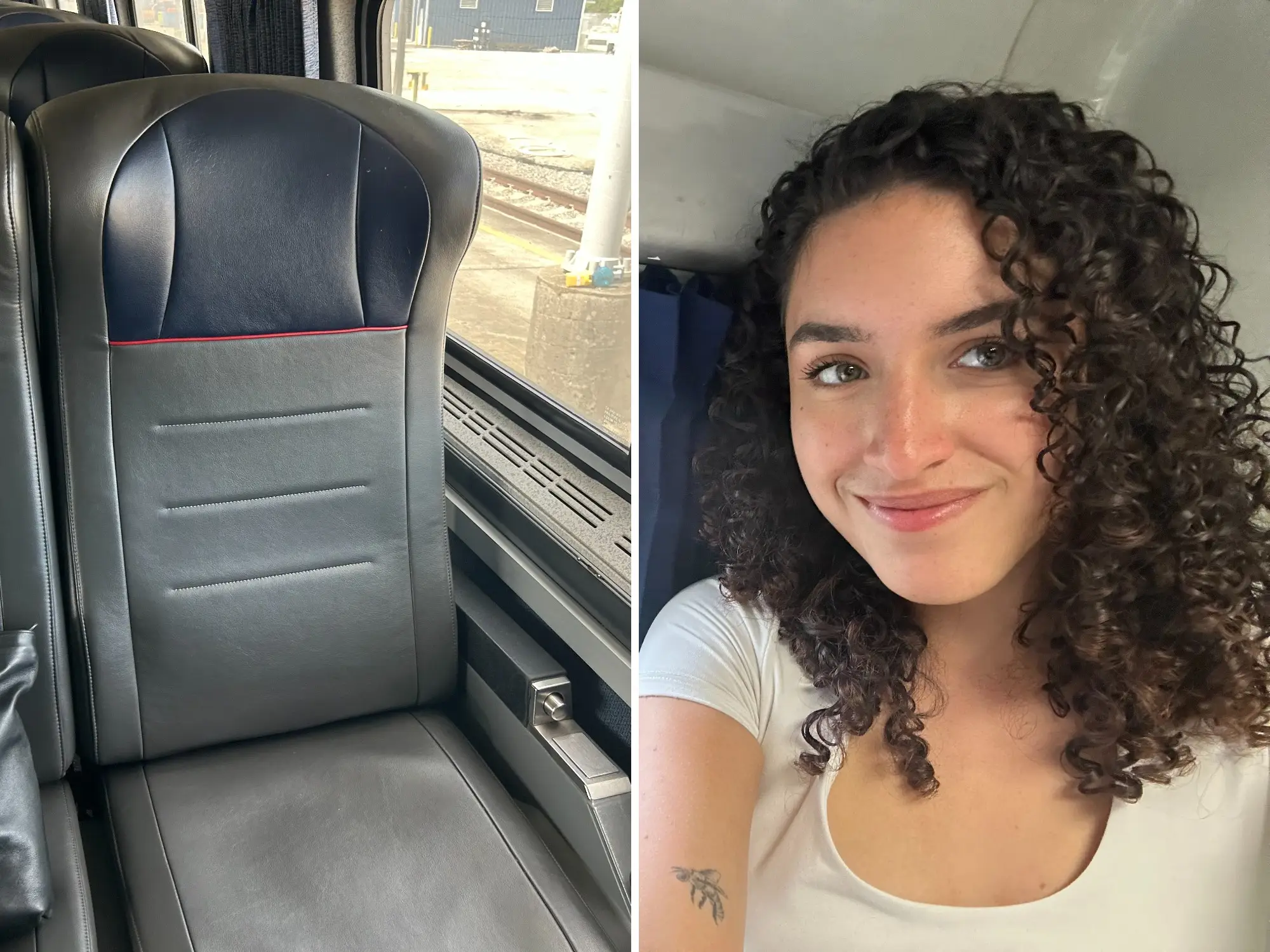 Split image of coach seat on Amtrak and author on Amtrak roomette