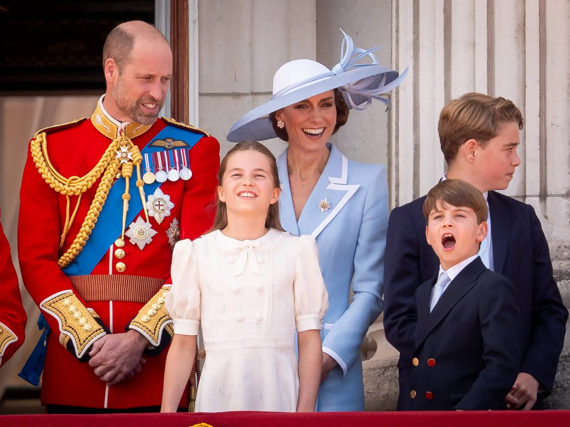 Prince William, the Princess of Wales, Princess Charlotte, Prince George, and Prince Louis attend Trooping the Colour in June 2026.