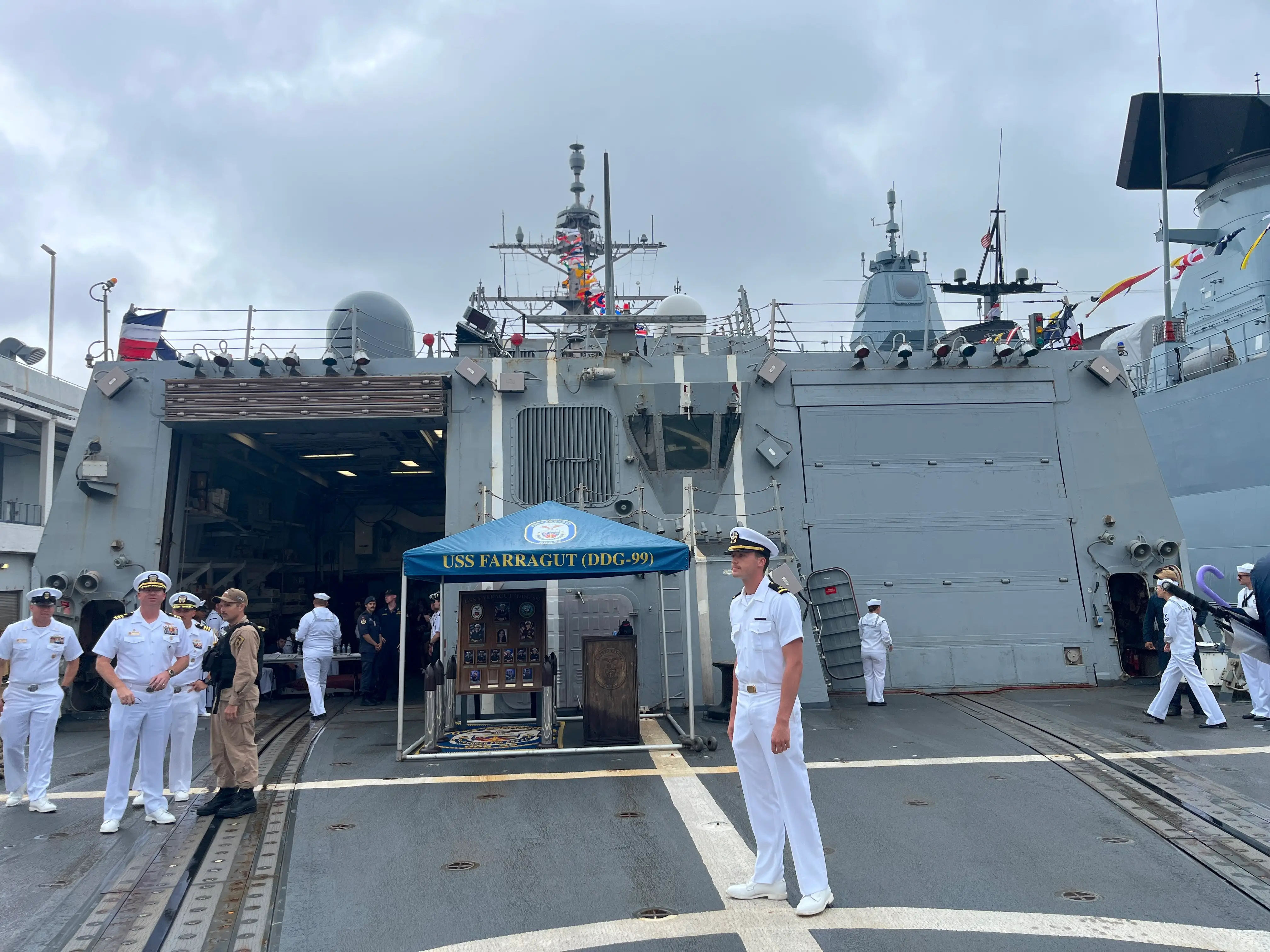 On the flight deck of the USS Farragut.