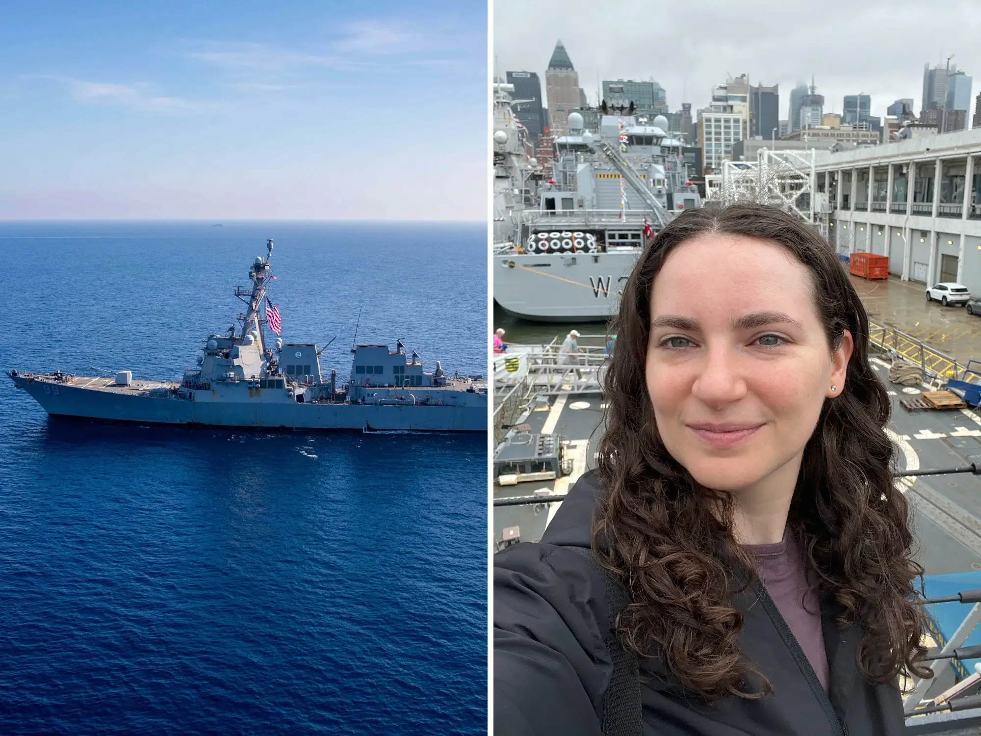 A split image of the USS Farragut and Talia Lakritz on board the ship.