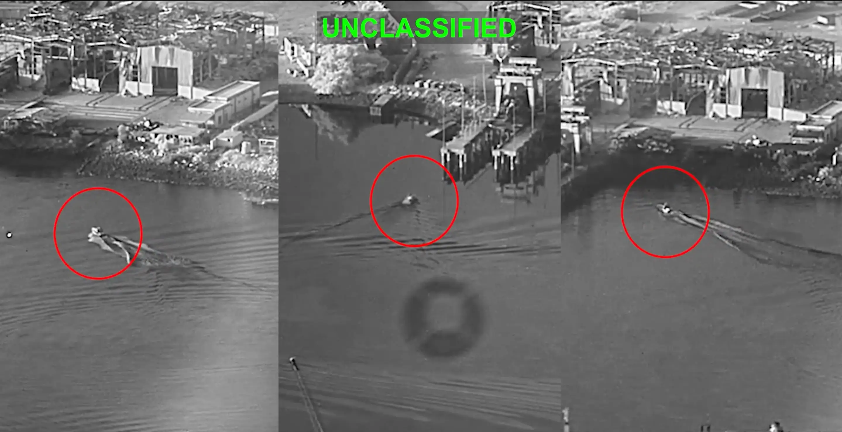 Three black and white images showing US sea drones in water near an Iranian port.