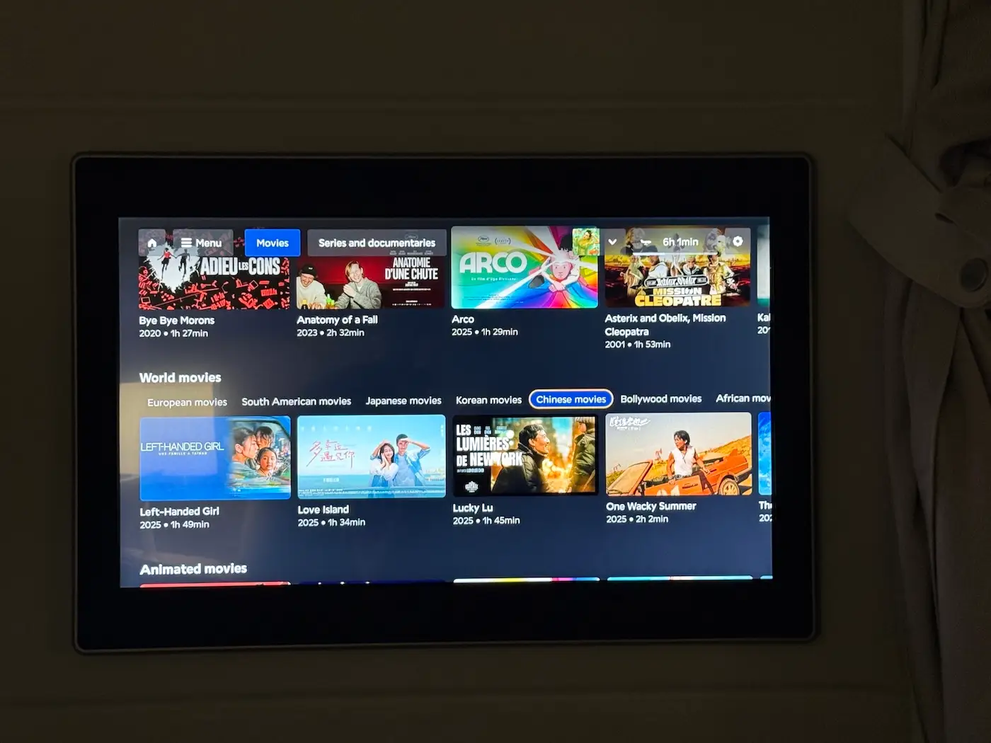 Seatback screen on La Prèmiere flight showing entertainment ptions