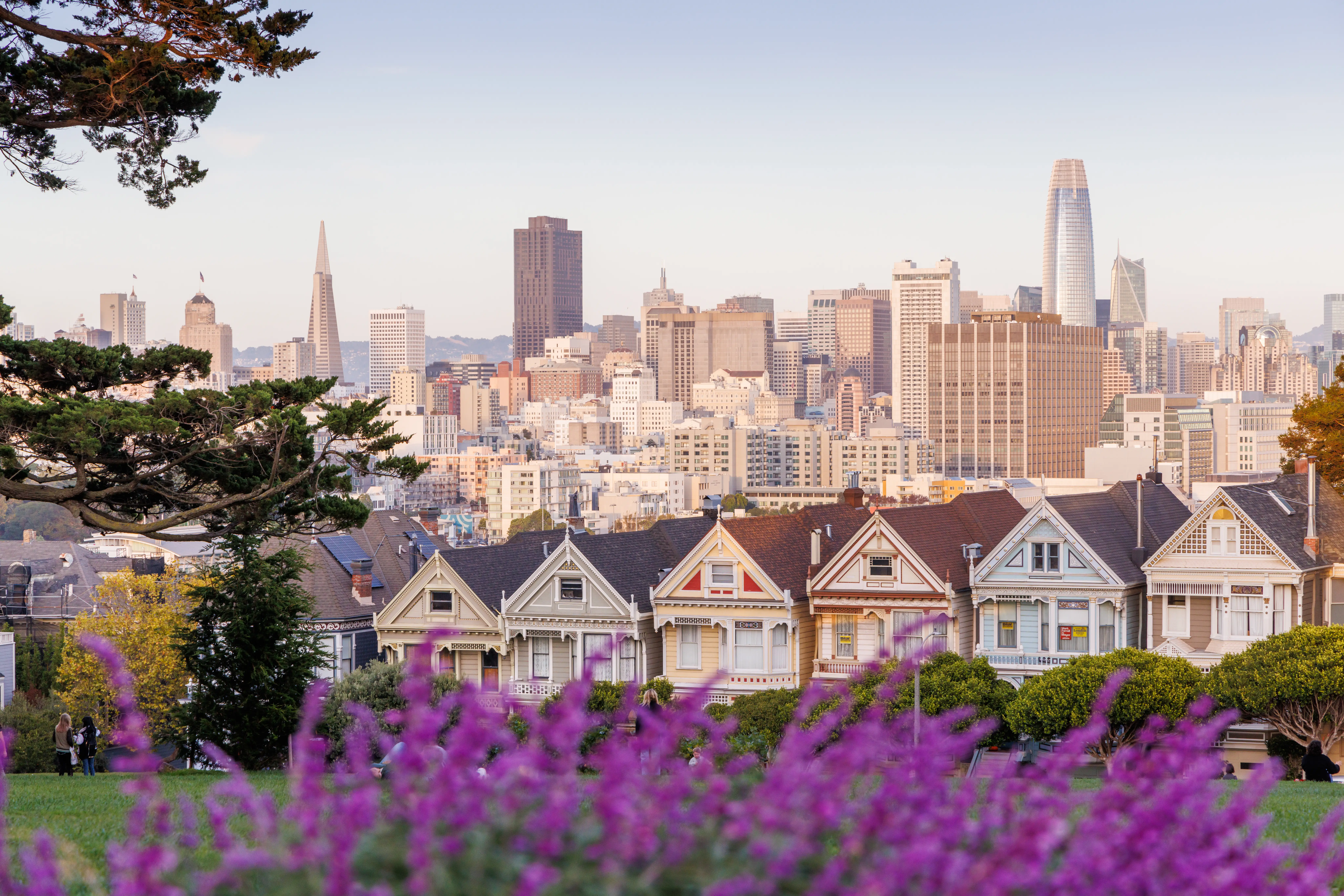 A row of homes with downtown San Francisco in the background.