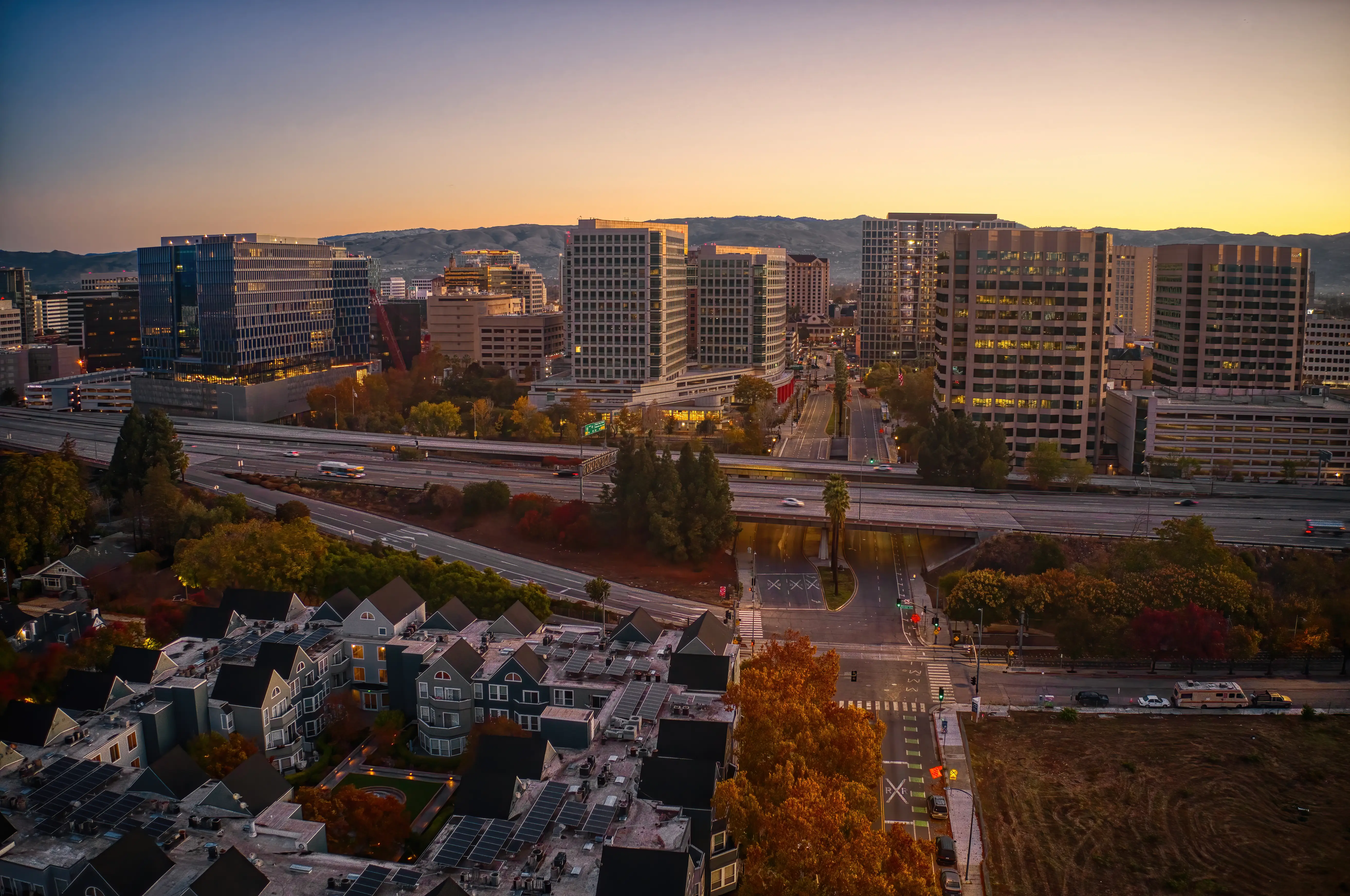 Aerial View of San Jose, California at sunrise.