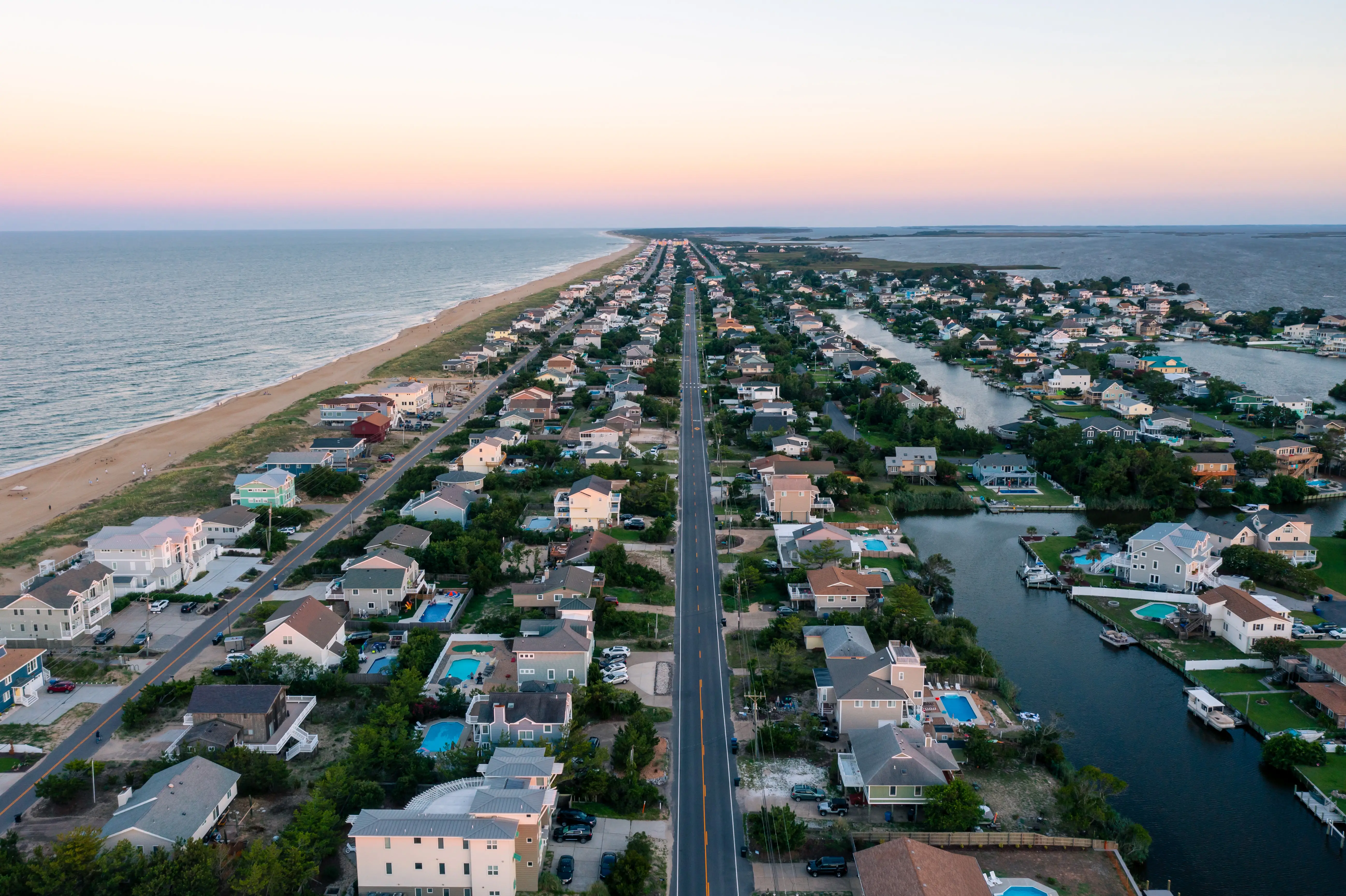 Aerial view of Virginia Beach at sunset.