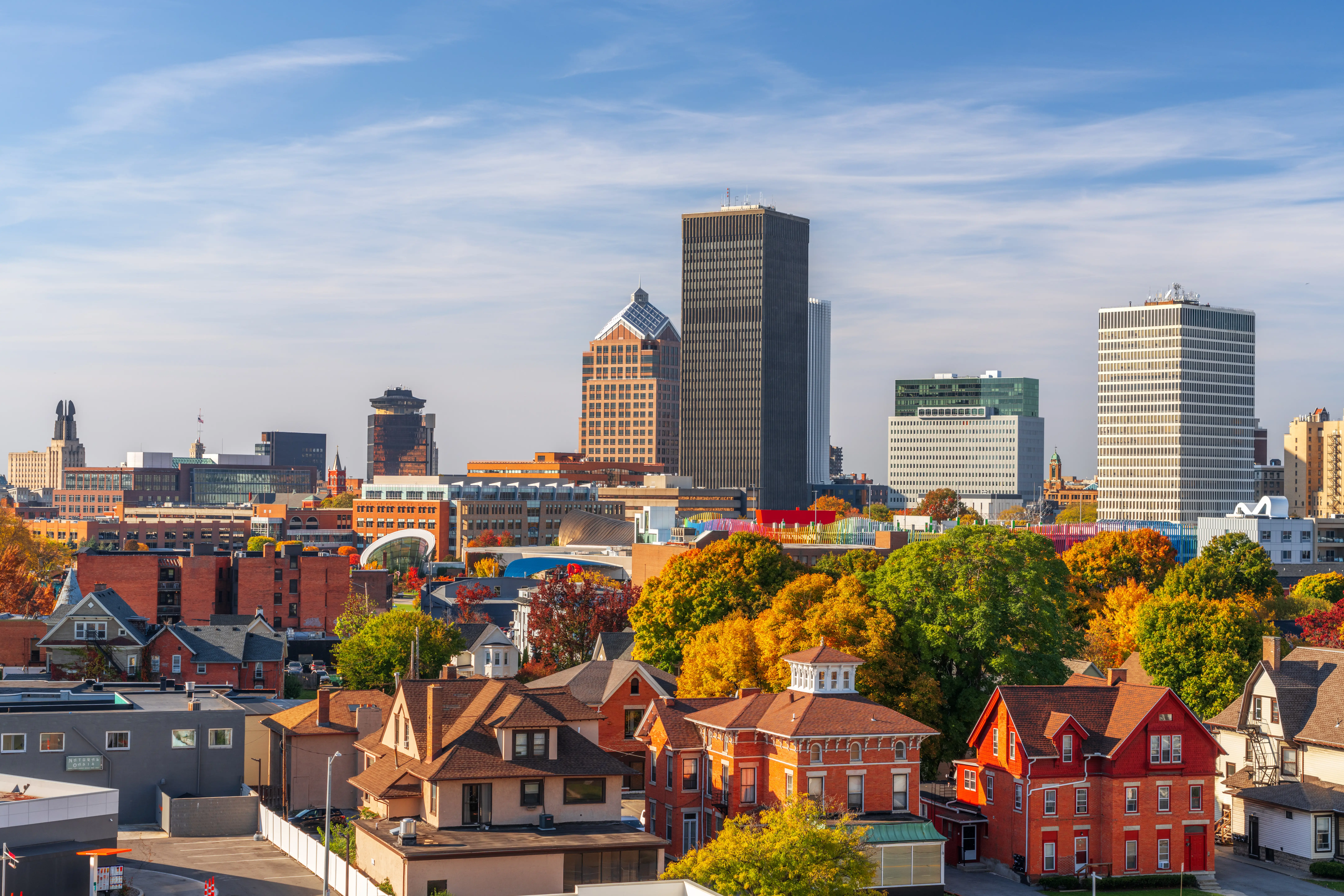Rochester, New York, downtown city skyline in early autumn season.