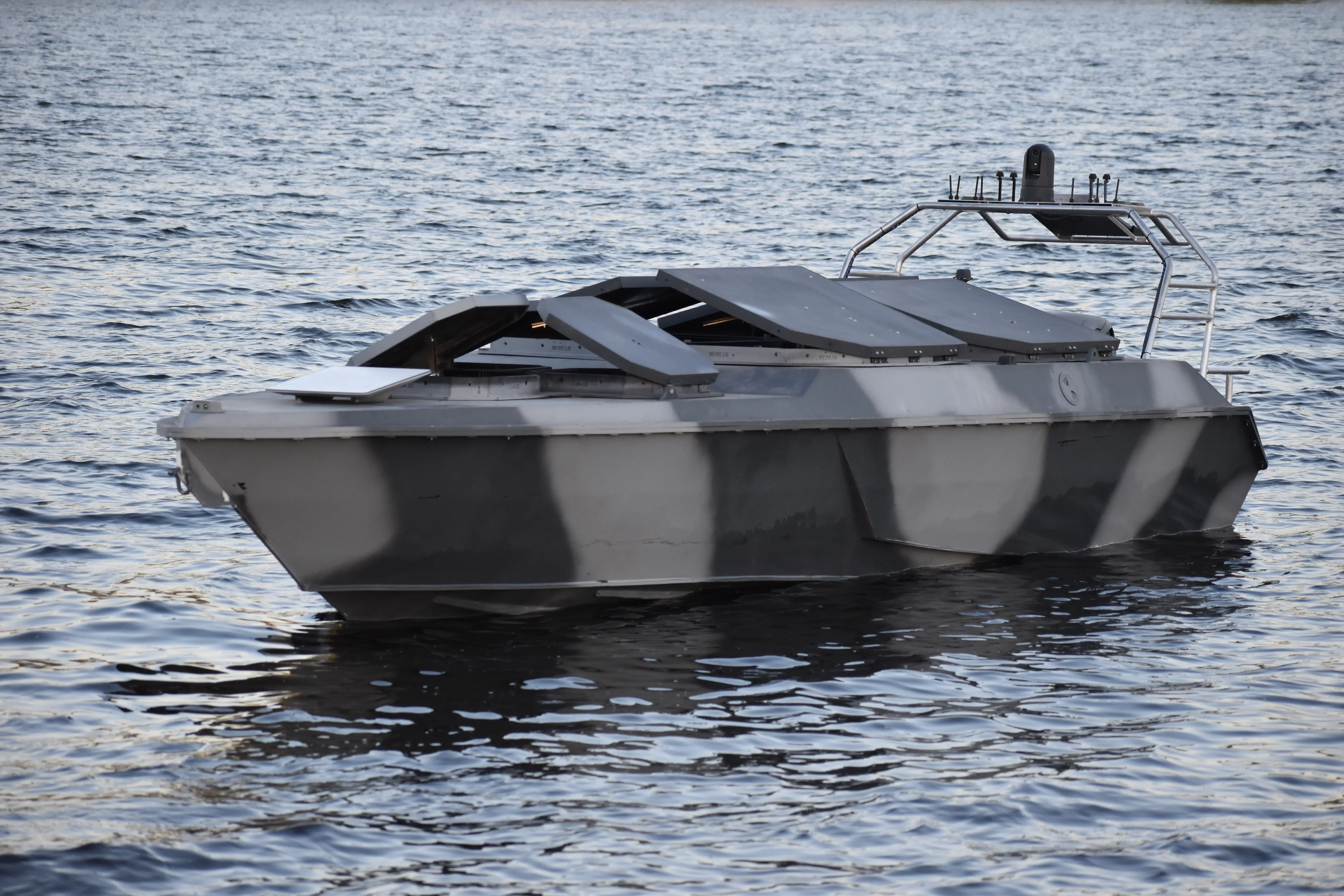 A Ukrainian naval drone at an undisclosed location.
