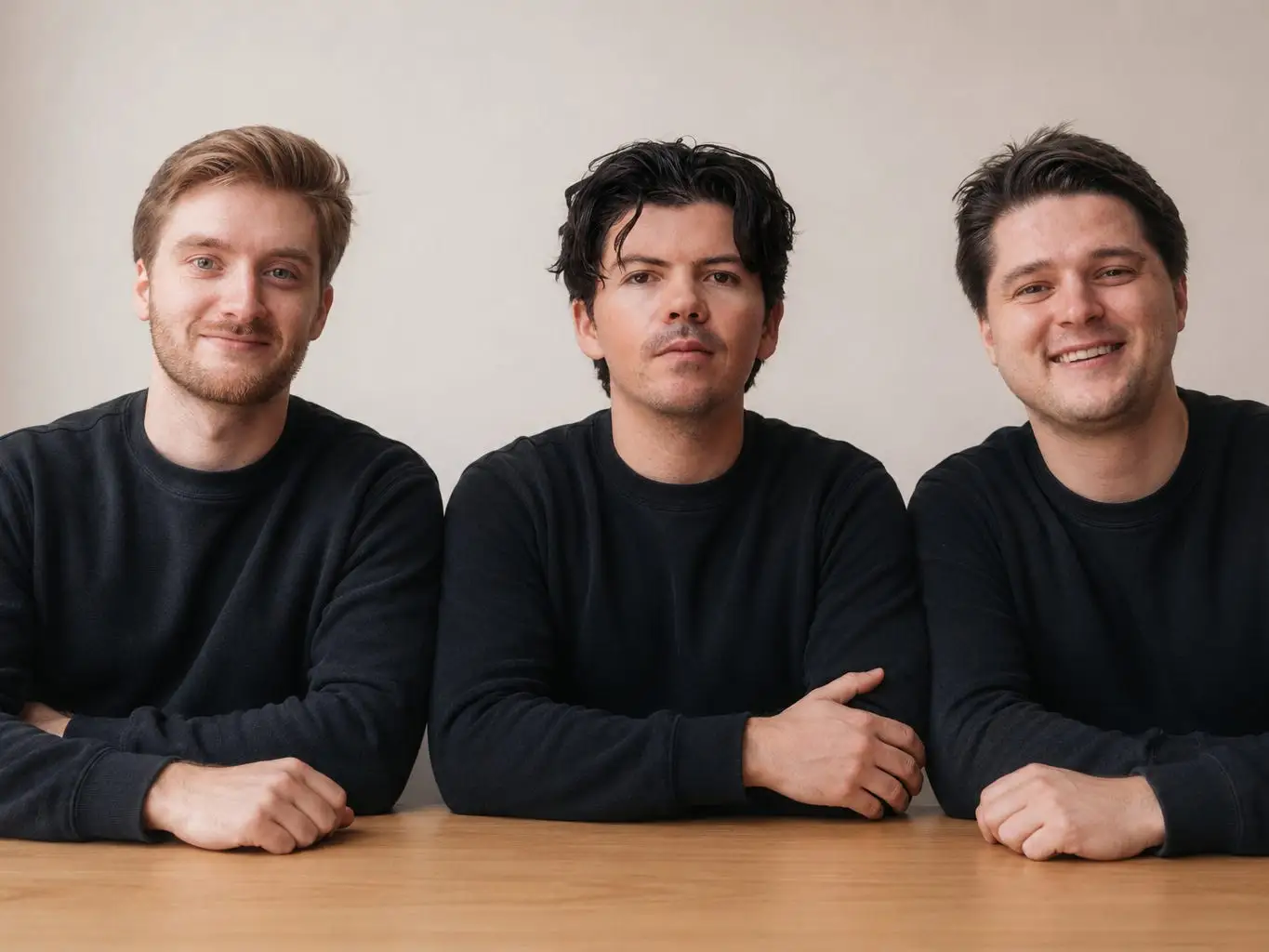 Three people in black sweatshirts sit side by side at a wooden table against a plain beige wall.