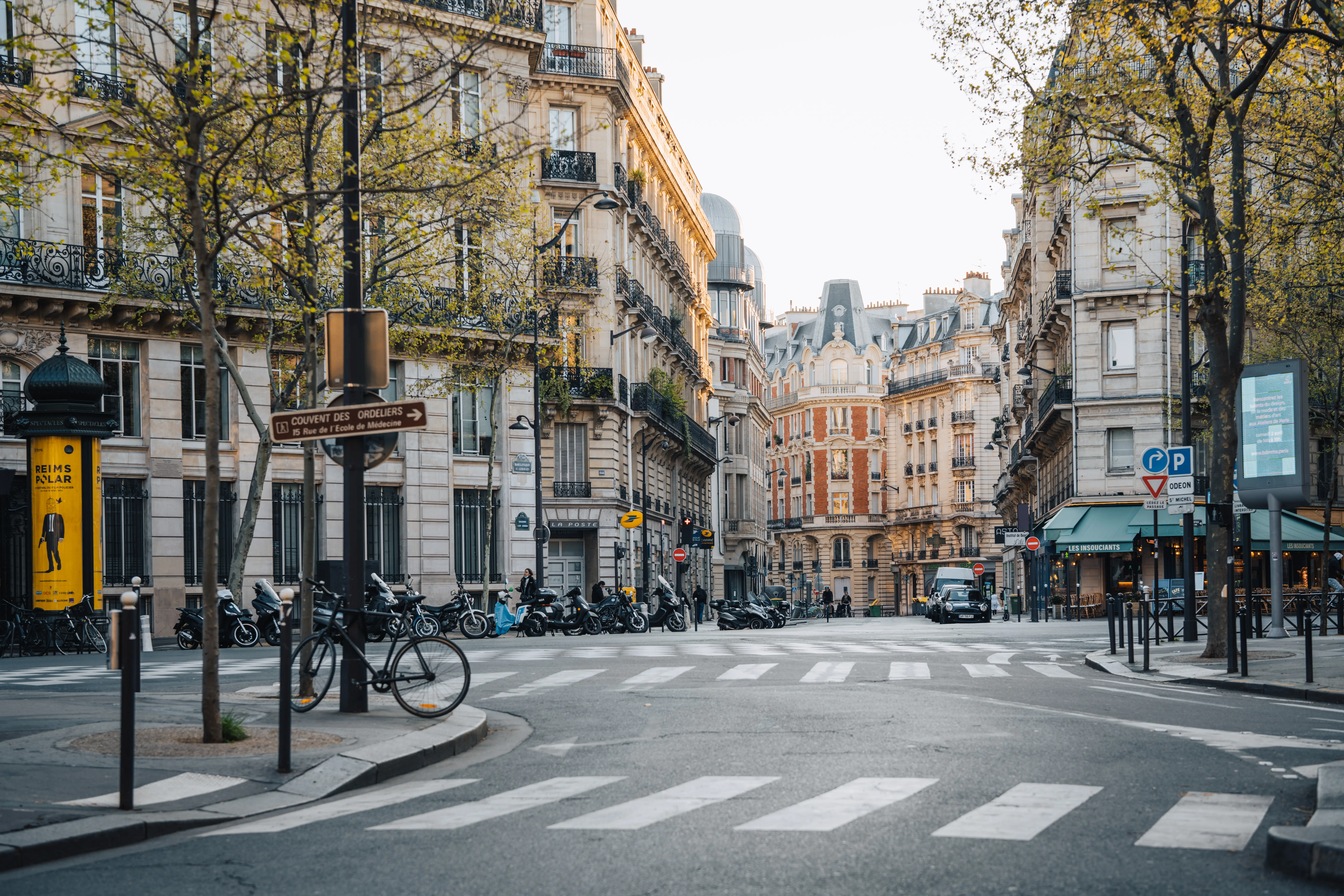 A street with old buildings in Paris, France.