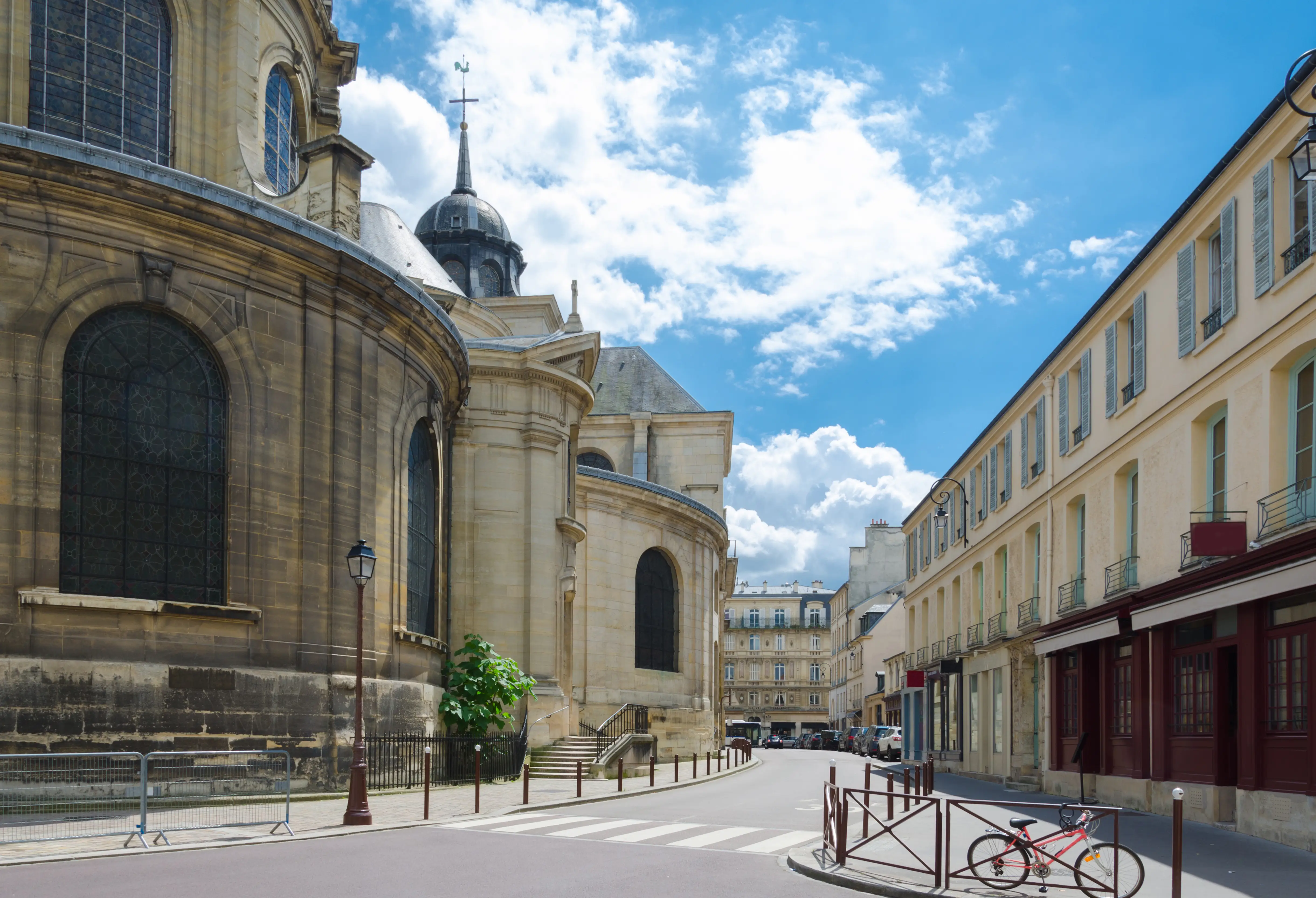 A clear sky over a cathedral in Versailles, France.