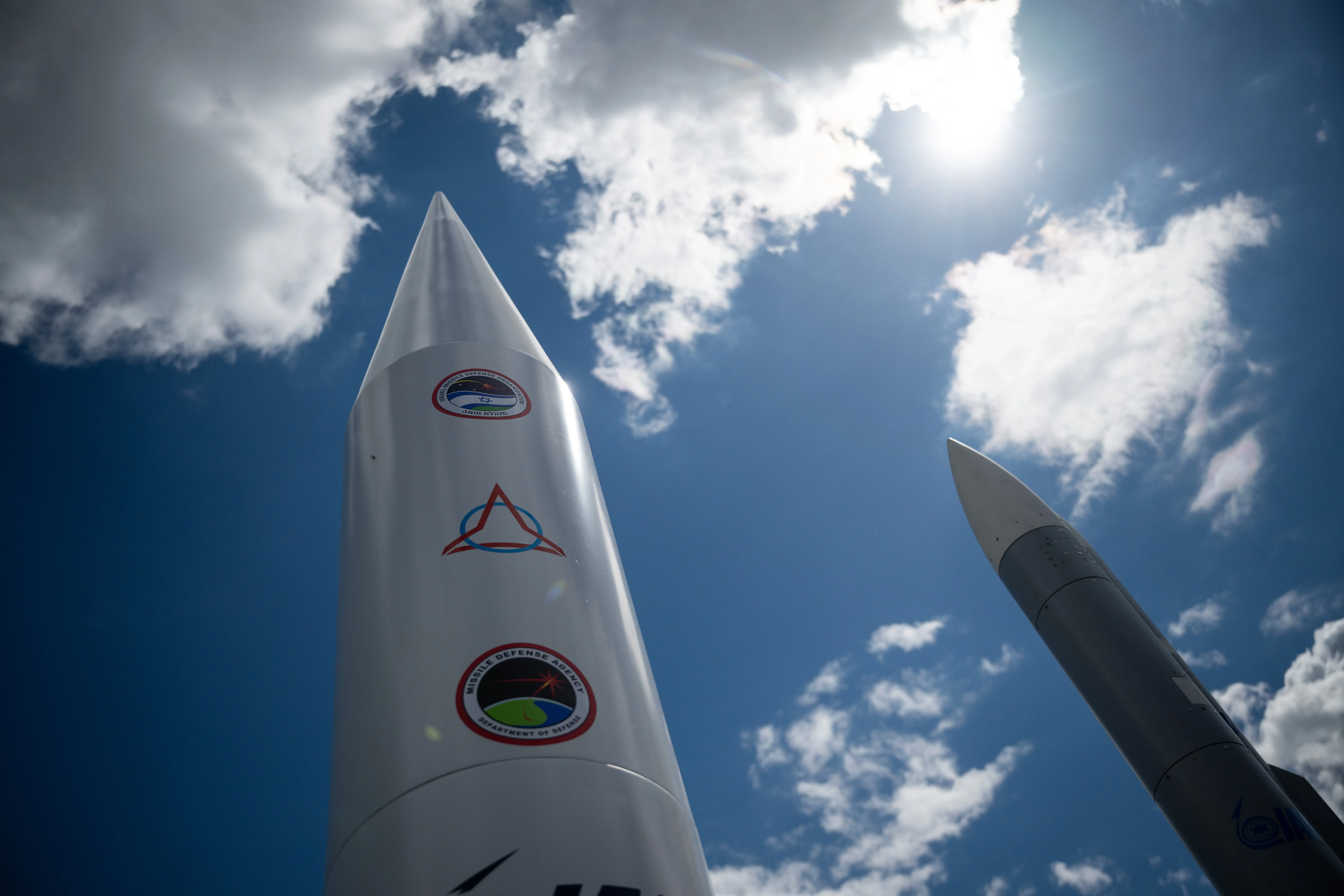 A model of an Arrow 3 missile manufactured by the defense contractor Israel Aerospace Industries is on display at the Berlin ExpoCenter Airport during the International Aerospace Exhibition (ILA).