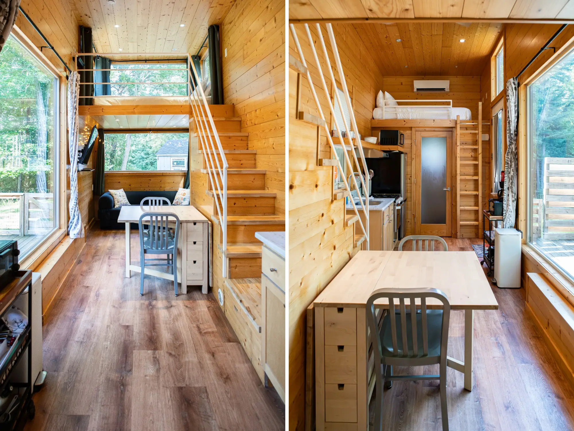 A composite image of a compact wood-paneled tiny home interior with loft beds, a staircase, a desk, a chair, a sofa, a kitchenette, and large windows.