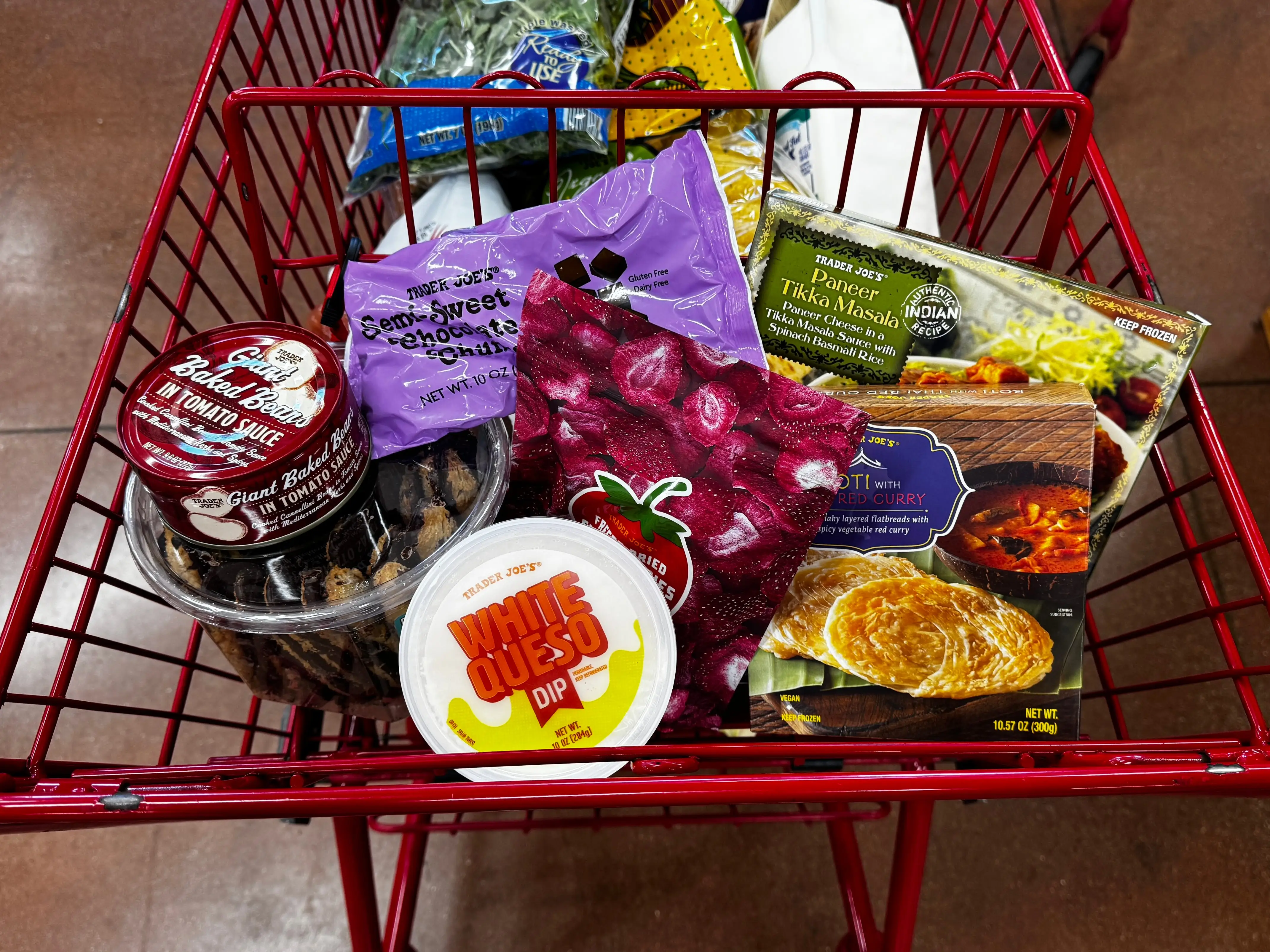 A cart full of items at Trader Joe's.
