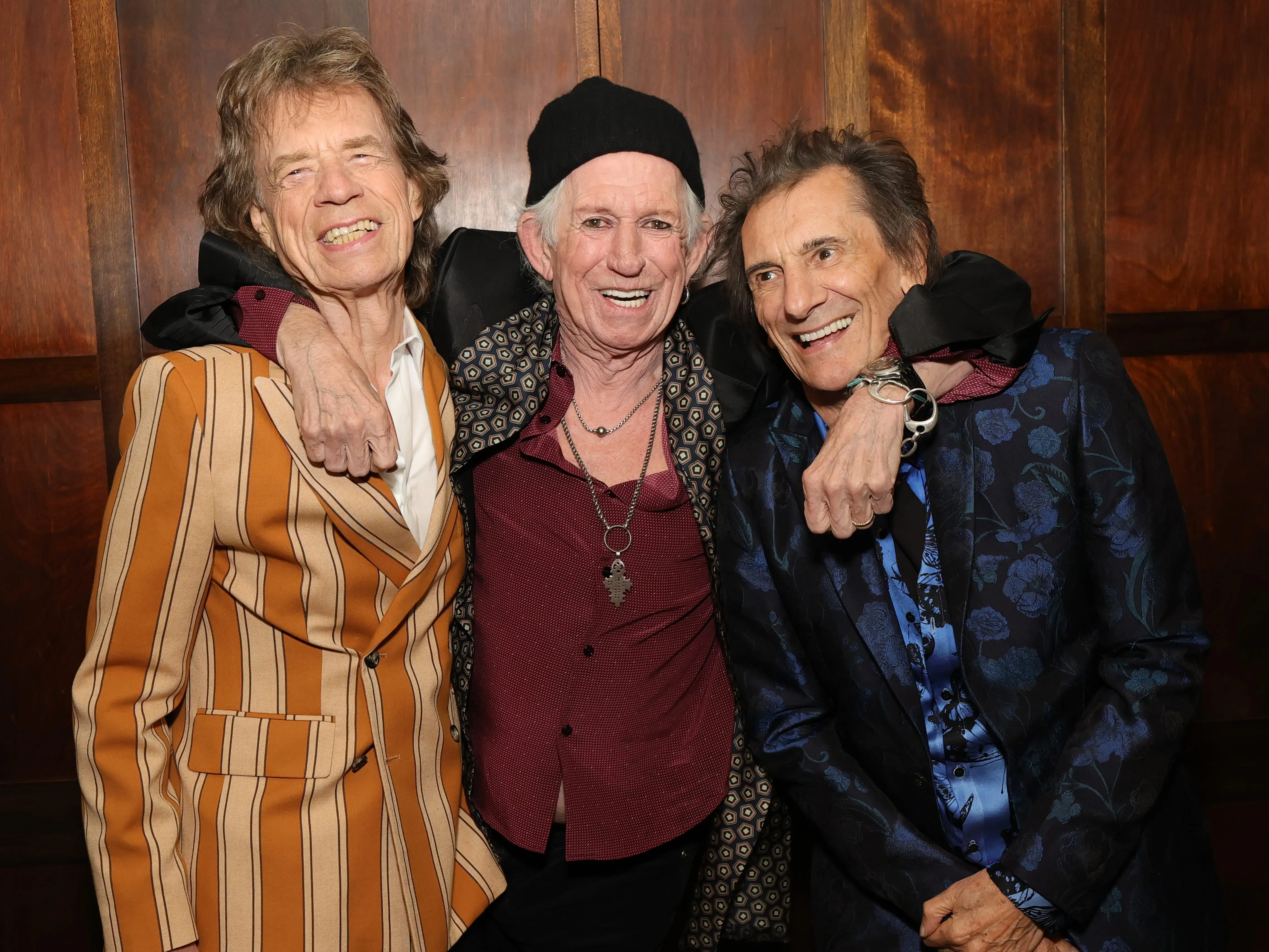 Mick Jagger, Keith Richards and Ronnie Wood pose backstage during the exclusive launch event of The Rolling Stones new album 