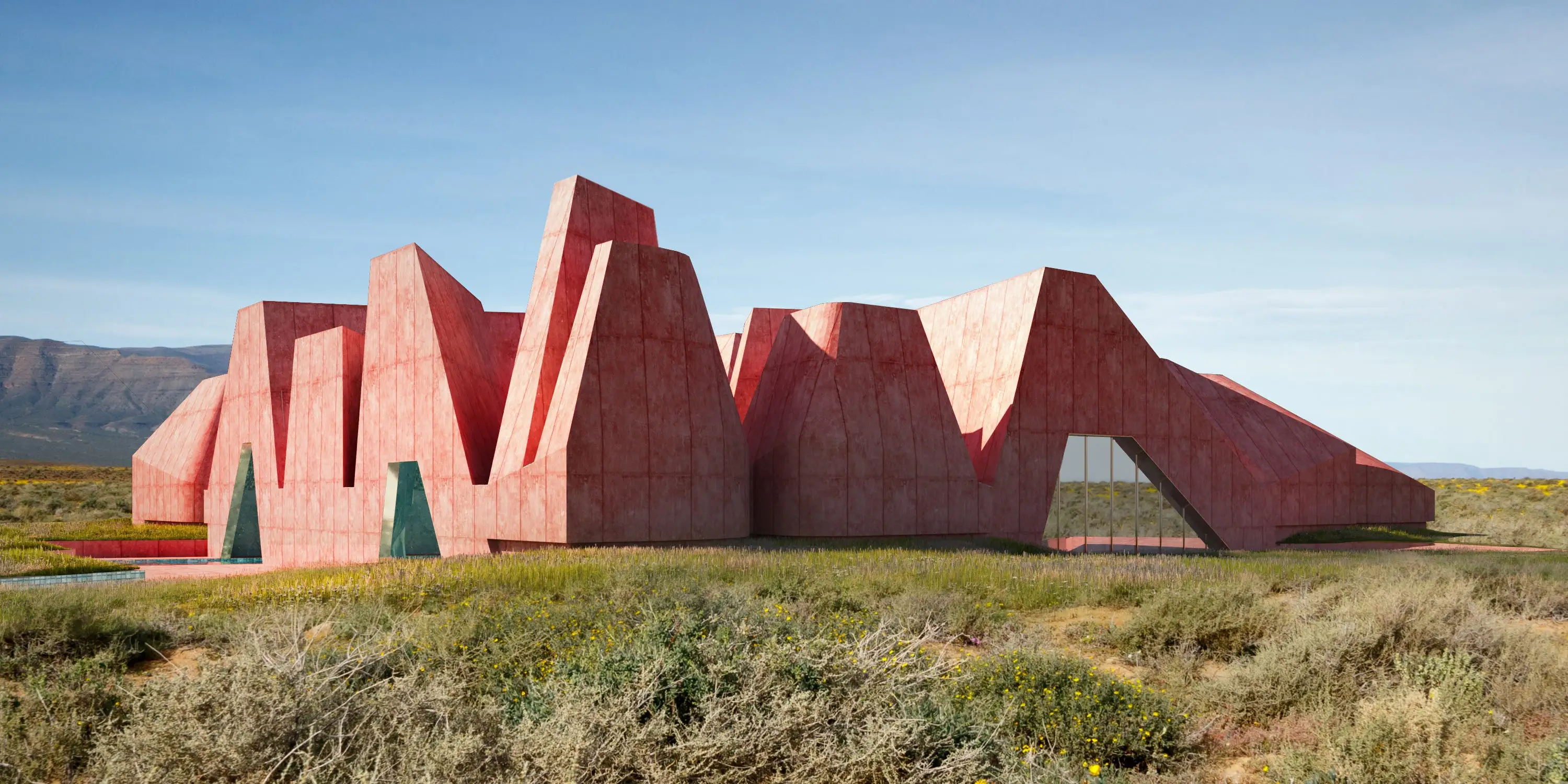 A concept design of a pink data center that also acts as a bathhouse.