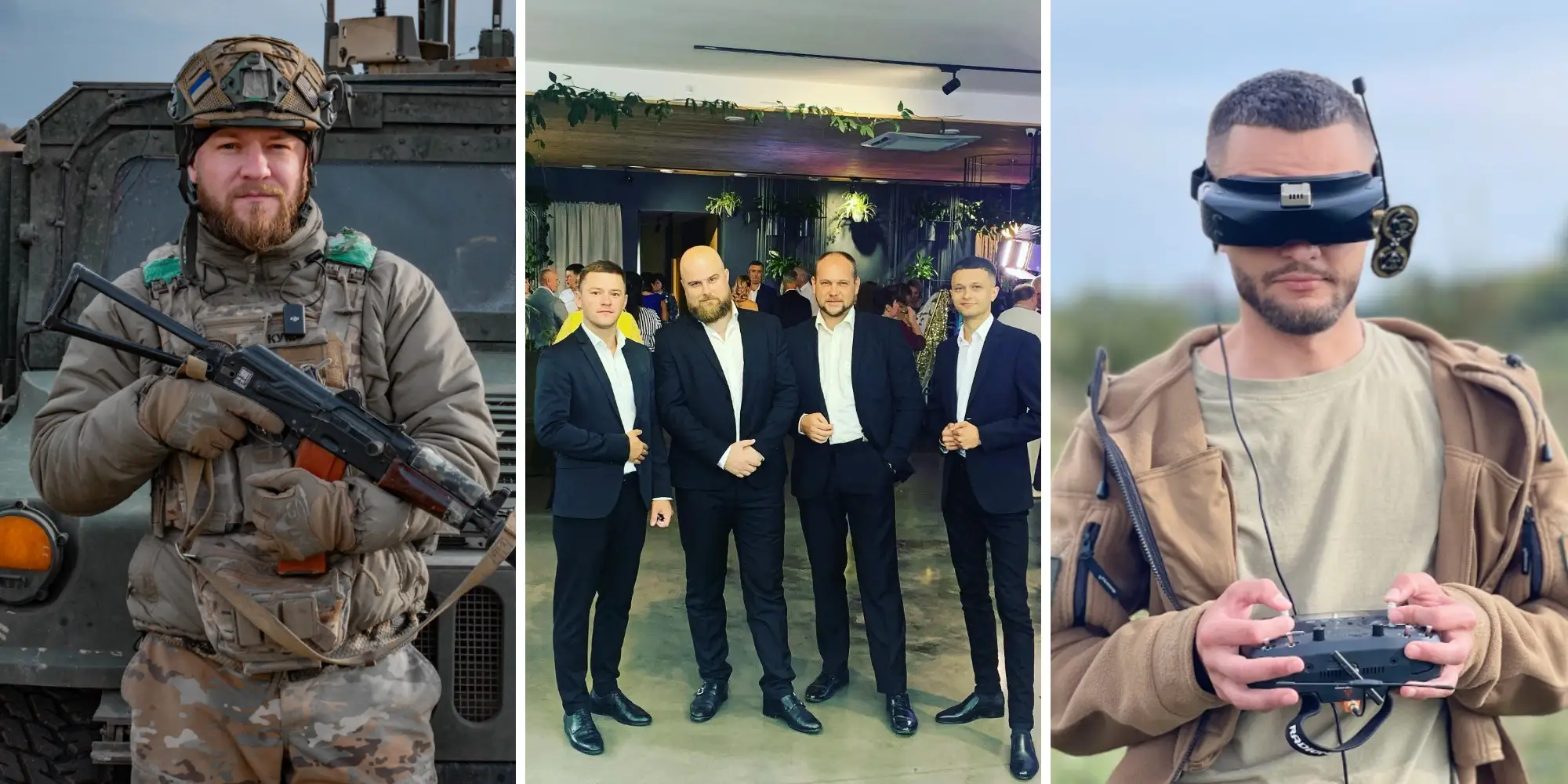 Vlad holds an AK rifle, Luciano poses as a quartet, Andriy operates drone controls.