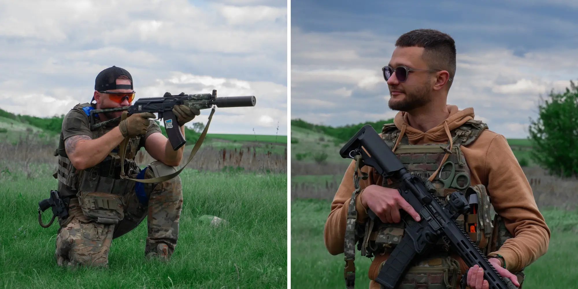 Vlad and Andriy hold assault rifles.