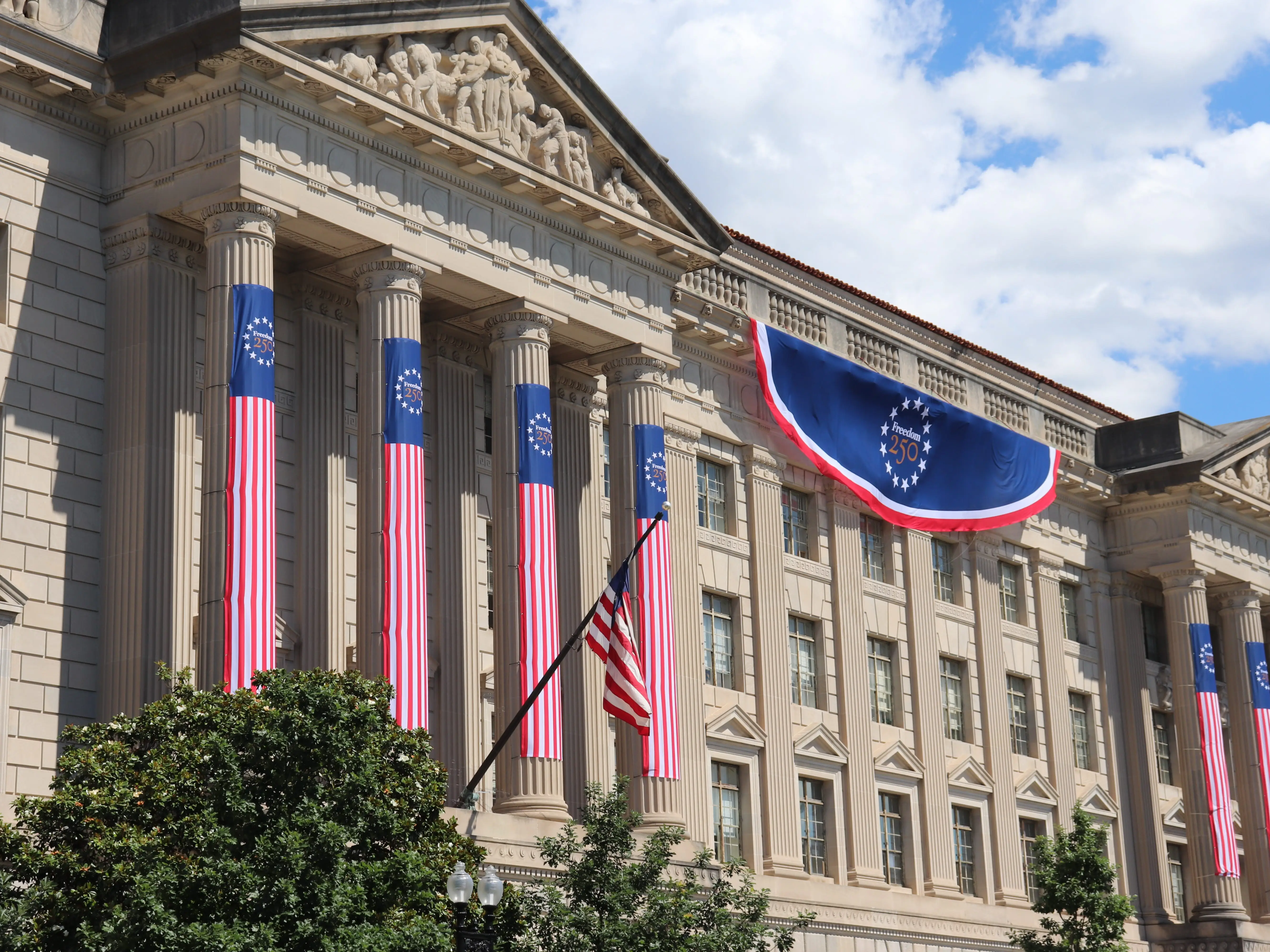View of 250 decorations on the Herbert C. Hoover Federal Building