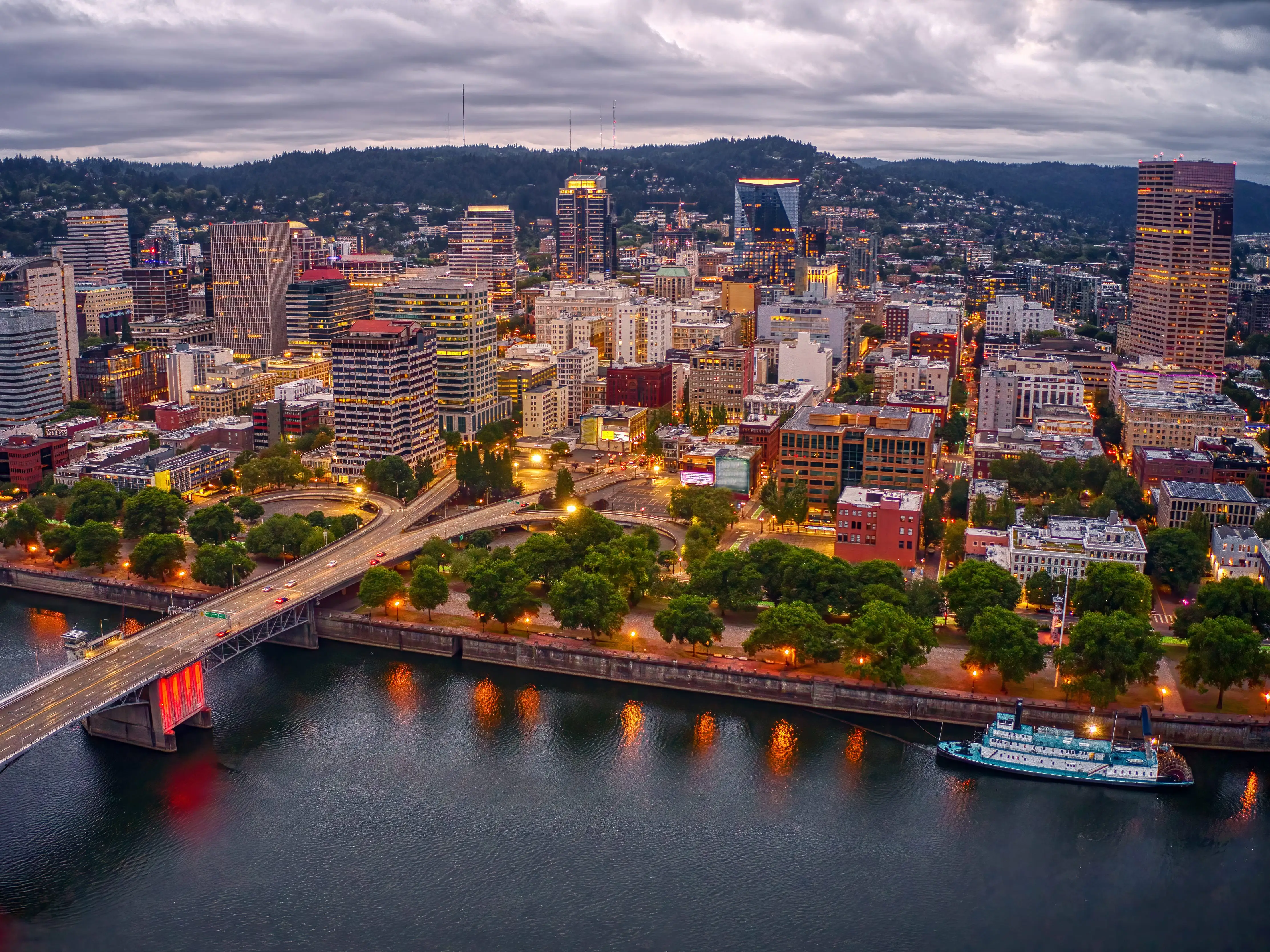 Aerial View of Portland, Oregon at Dusk on a cloudy Day