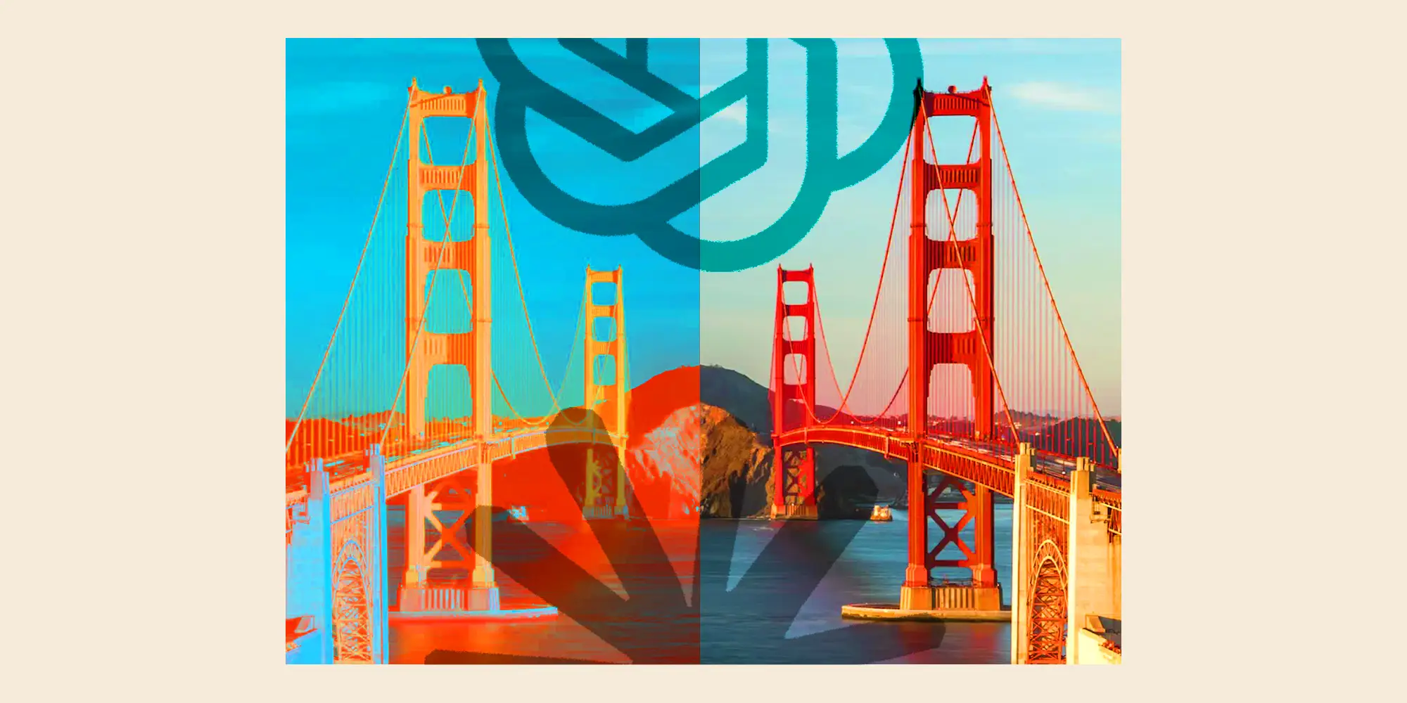 A photo collage featuring San Fransisco, ChatGPT logo, and the Claude logo
